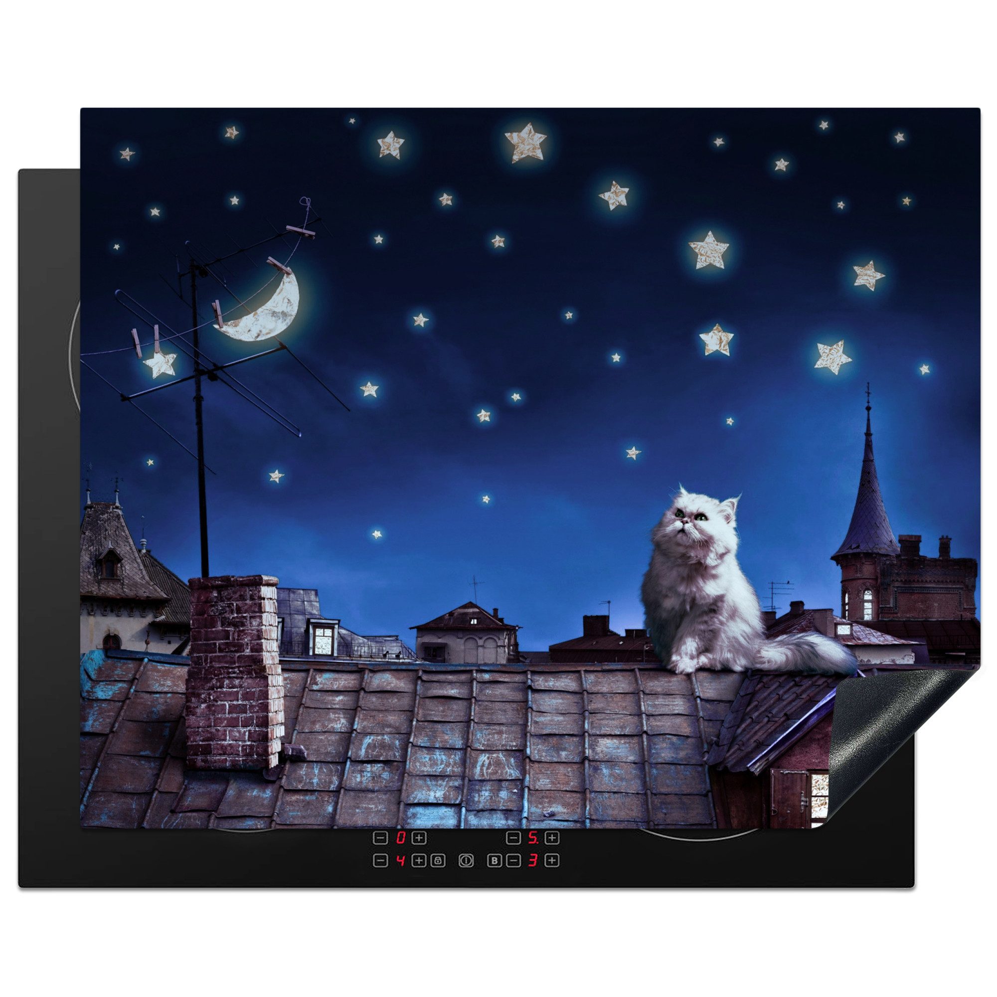 MuchoWow Herd-Abdeckplatte Blau - Katze - Nacht - Haus, Vinyl, (1 tlg), Herdabdeckplatten für Ceranfeld, Induktionsschutz, 65x55 cm