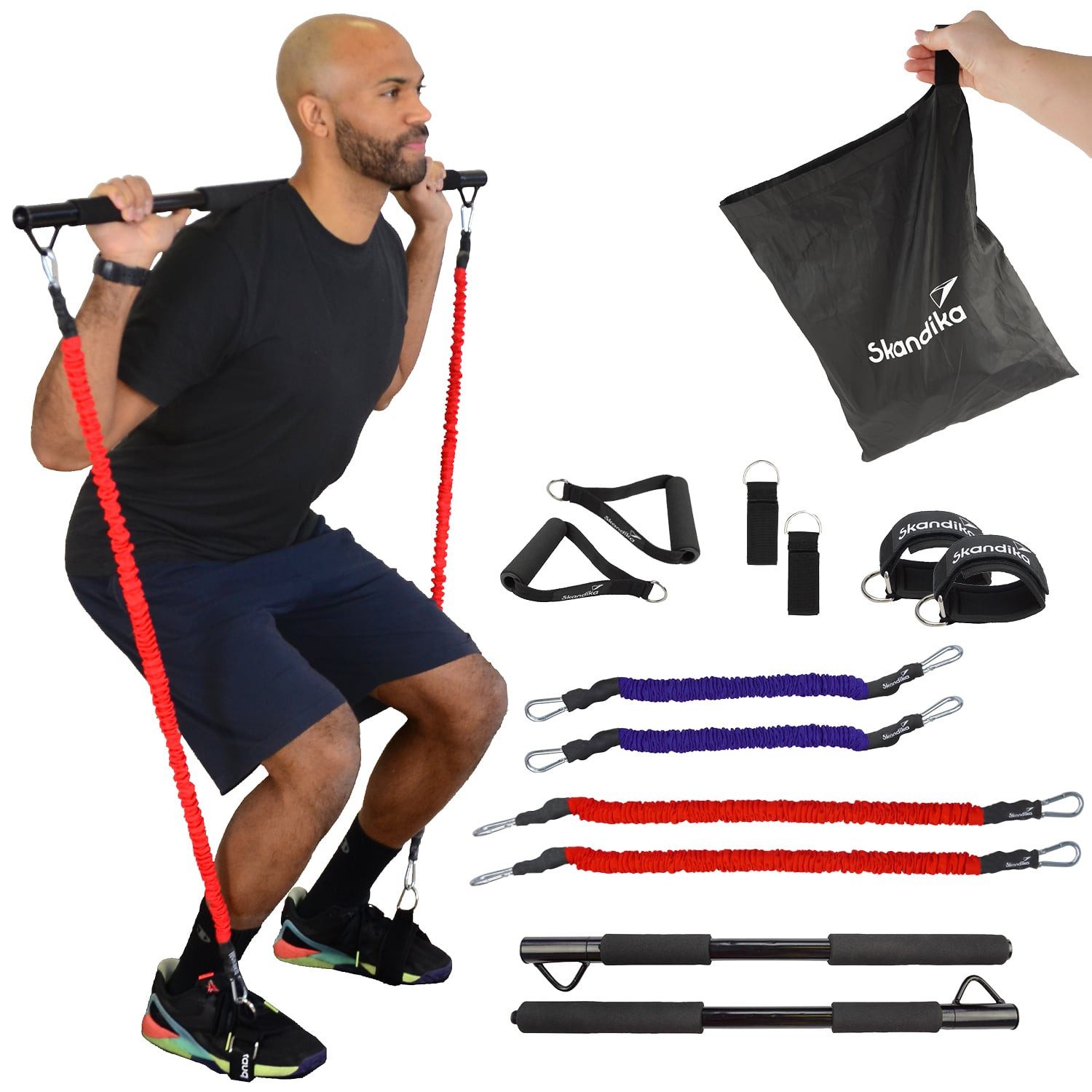 Skandika Trainingsbänder Multi-Widerstandsbänder mit Stange, Pilates Bar mit Resistance Bands, Krafttraining, 3 Widerstandsstufen, Online Trainingsguide,viel Zubehör