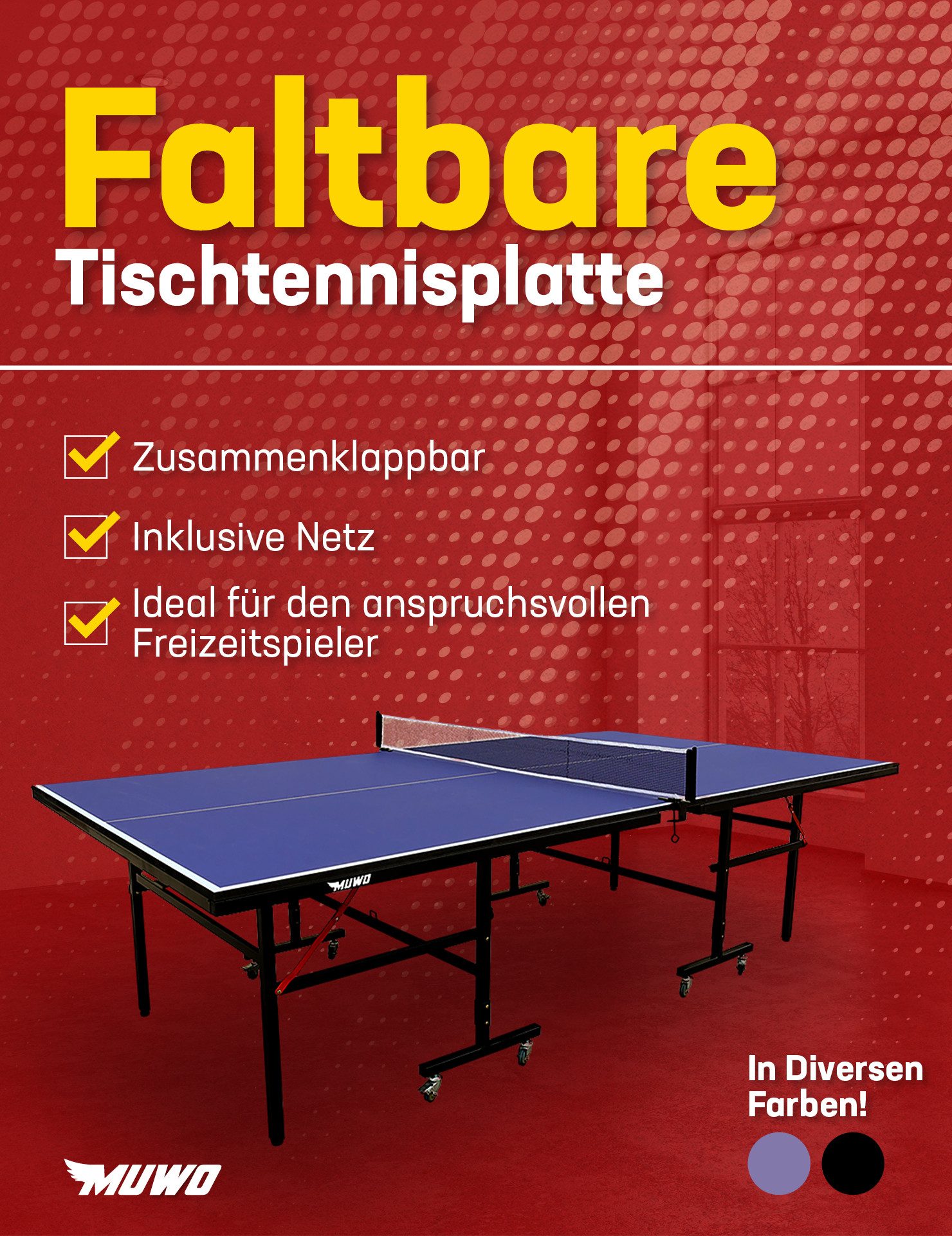 MUWO Tischtennisplatte Premium Indoor Tischtennisplatte, klappbarer MDF-Platte, rollbares Stahlgestell, doppelter Kippsicherung