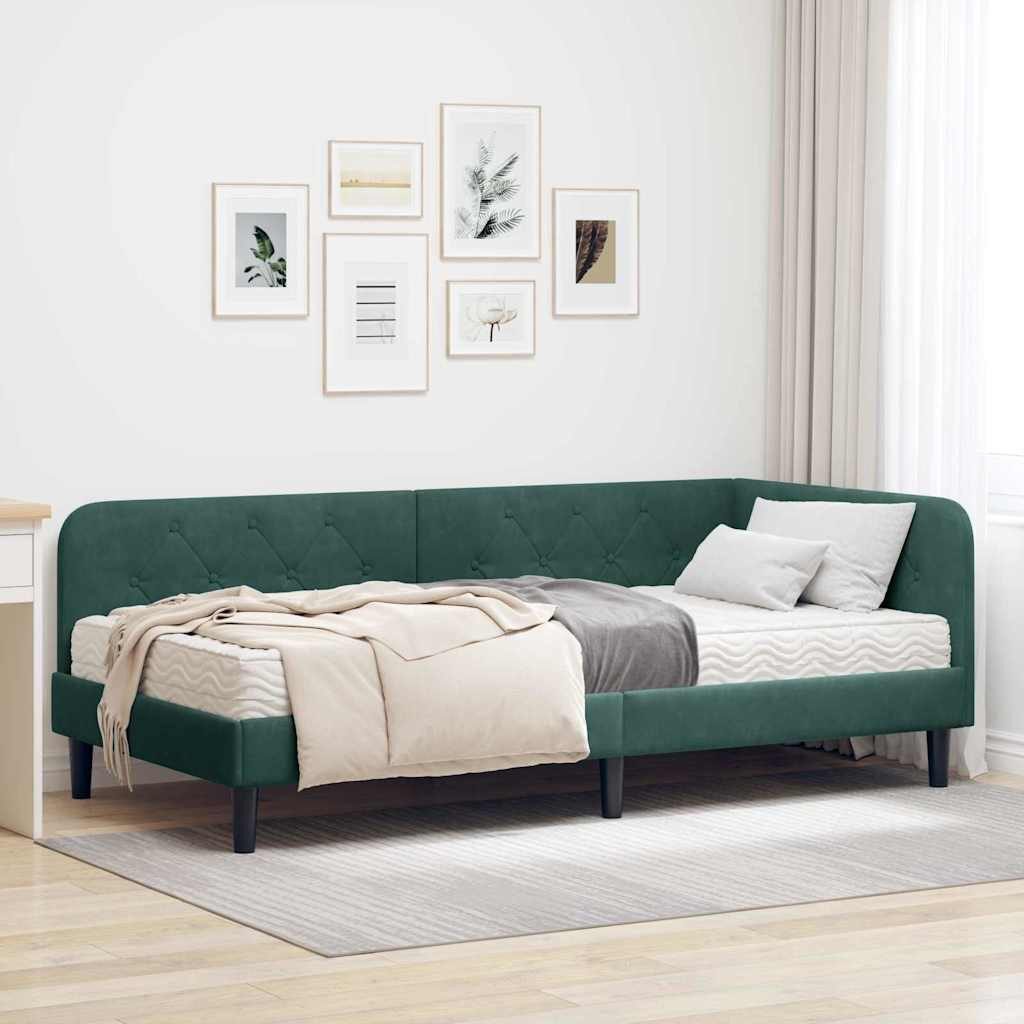 furnicato Daybed Eckbettgestell 90 x 190 cm Dunkelgrün, Inklusive Matratze Tagestbett mit umkehrbarem Kopfteil für Gästezimmer