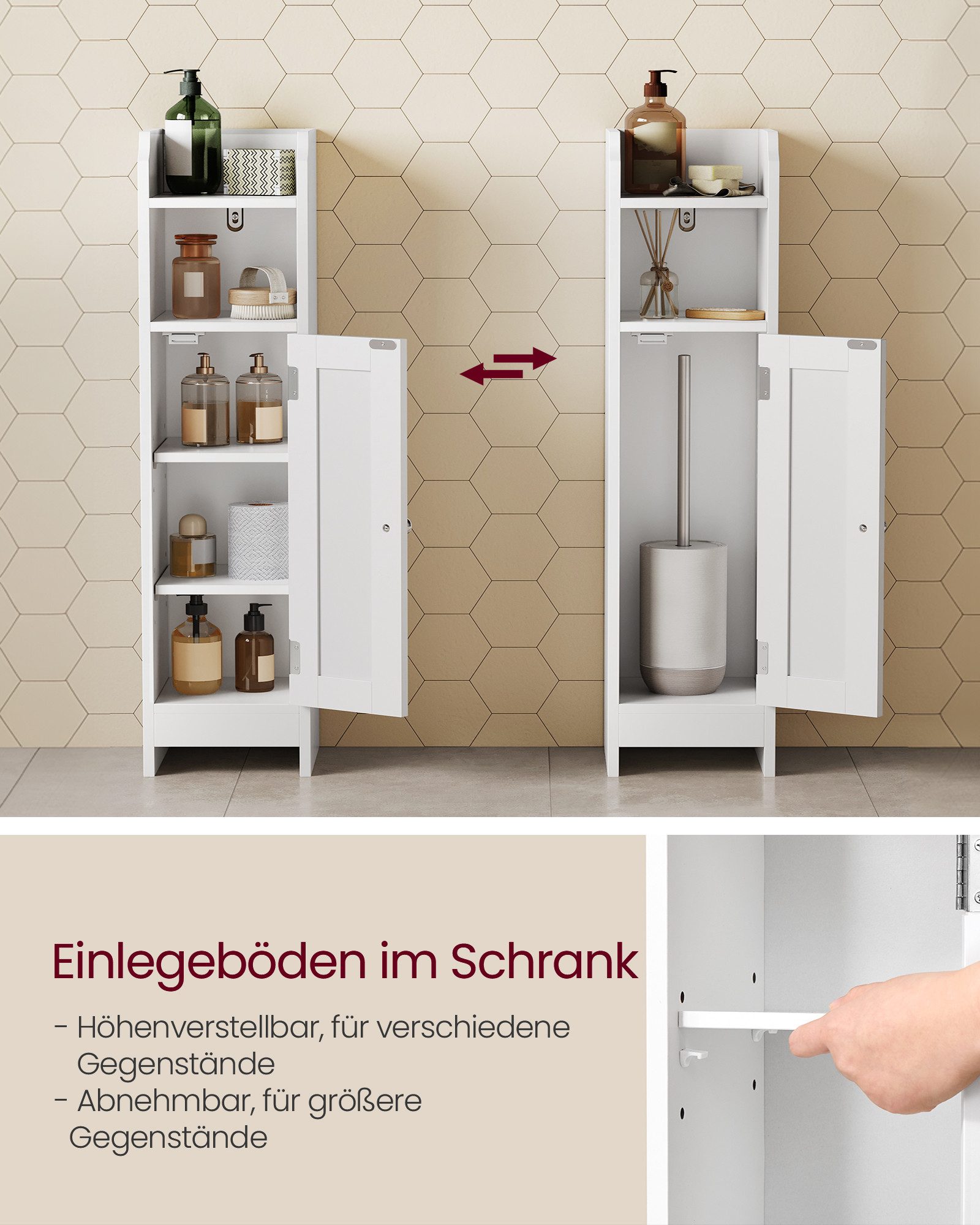 VASAGLE Badkommode Badezimmerschrank Badschrank schmal, stehend, verstellbare Ablagen,20 x 18 x 80 cm,klein,stehend,mit Tür und Regal – Bild 5 von 5