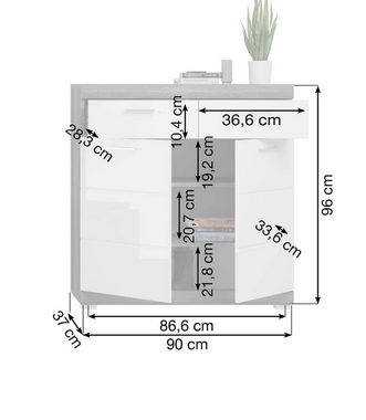 xonox.home Schuhkommode Scout (Flurschrank in grau und weiß, BxH 90 x 96 cm), mit Türen und Schubladen, Hochglanz