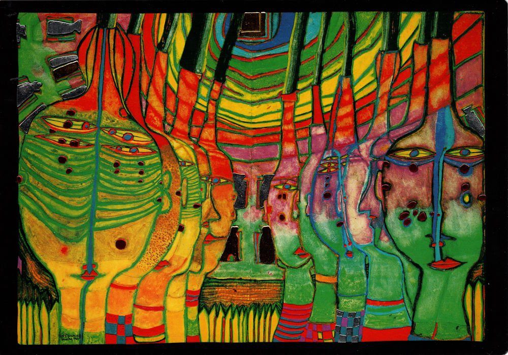 Postkarte Kunstkarte Hundertwasser "Das Ende der Griechen, Ost- und Westgoten"