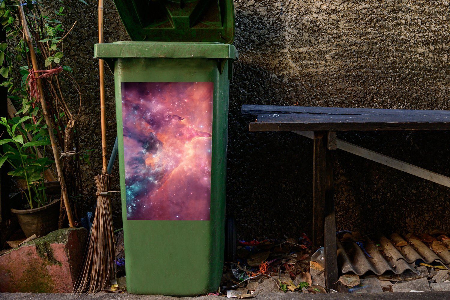MuchoWow Wandsticker Orange - Sticker, - Sterne Mülltonne, Weltraum St), (1 Container, Abfalbehälter Mülleimer-aufkleber
