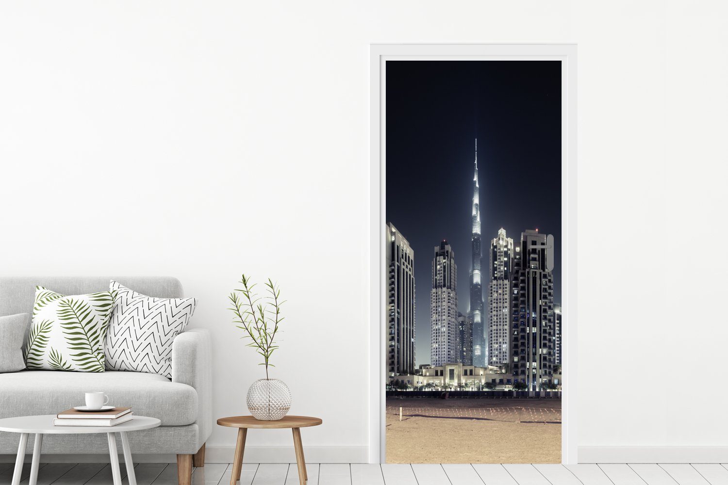 Tür, cm erhellt bedruckt, den Türtapete über anderen, St), (1 MuchoWow 75x205 Matt, Dubai Türaufkleber, Burj Der Fototapete Himmel Khalifa für mit