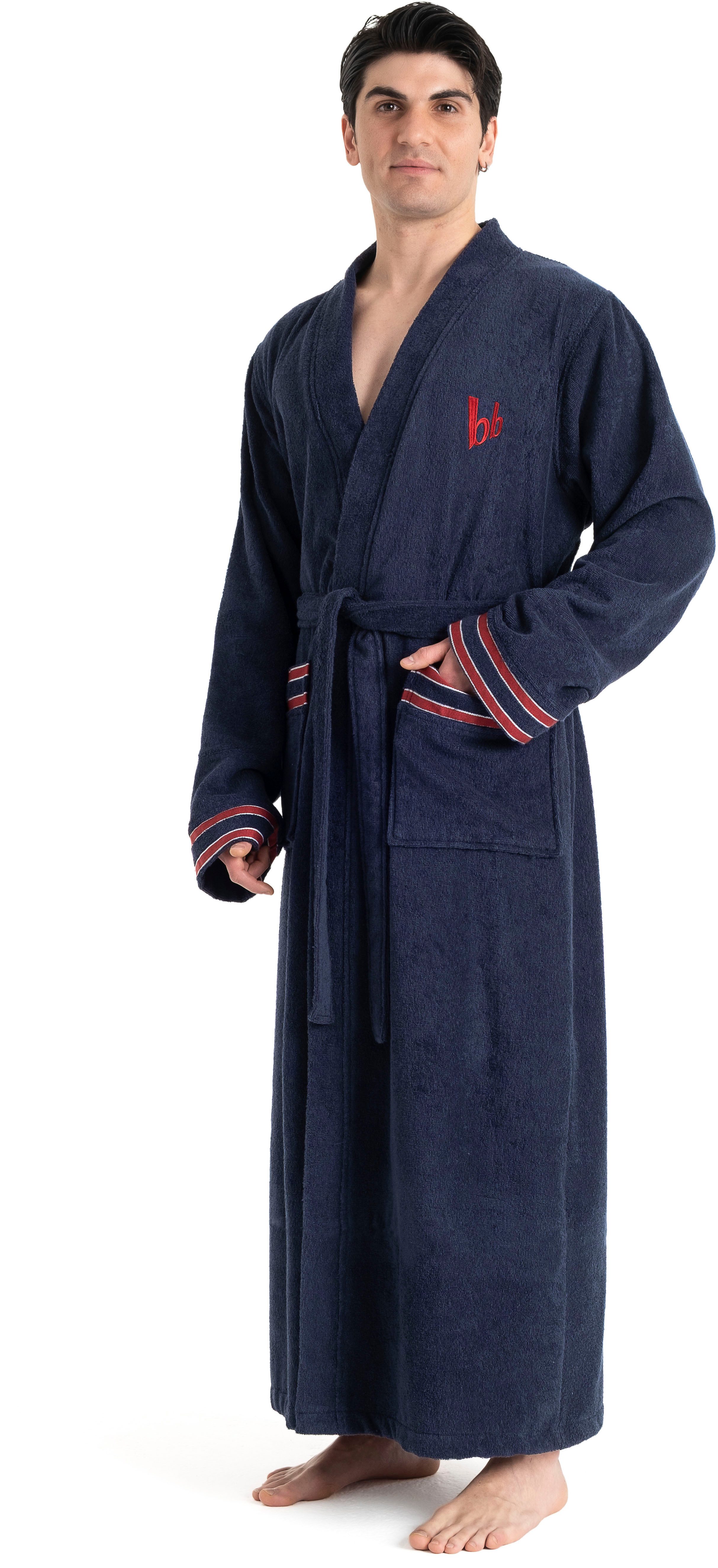 Bruno Banani Herrenbademantel Roy, ideal für Sauna & Spa, Standardlänge & Überlänge, Langform, Walkfrottee, Kimono-Kragen, Gürtel, farblich abgesetzten Streifen, Bademantel, S-3XL, auch in extra lang