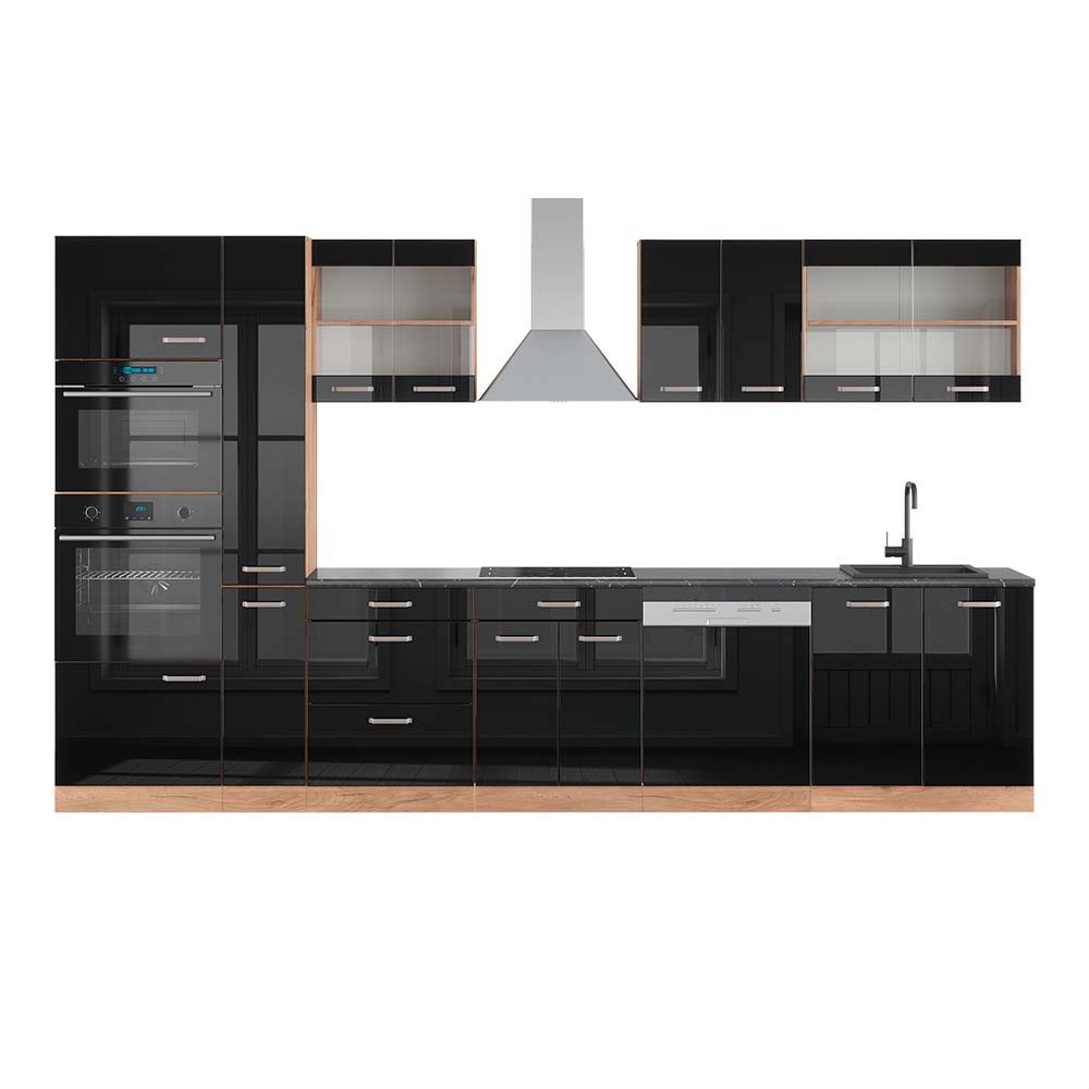 Vicco Küchenzeile R-Line, Schwarz Hochglanz/Goldkraft Eiche, 350 cm mit Hochschrank, ...