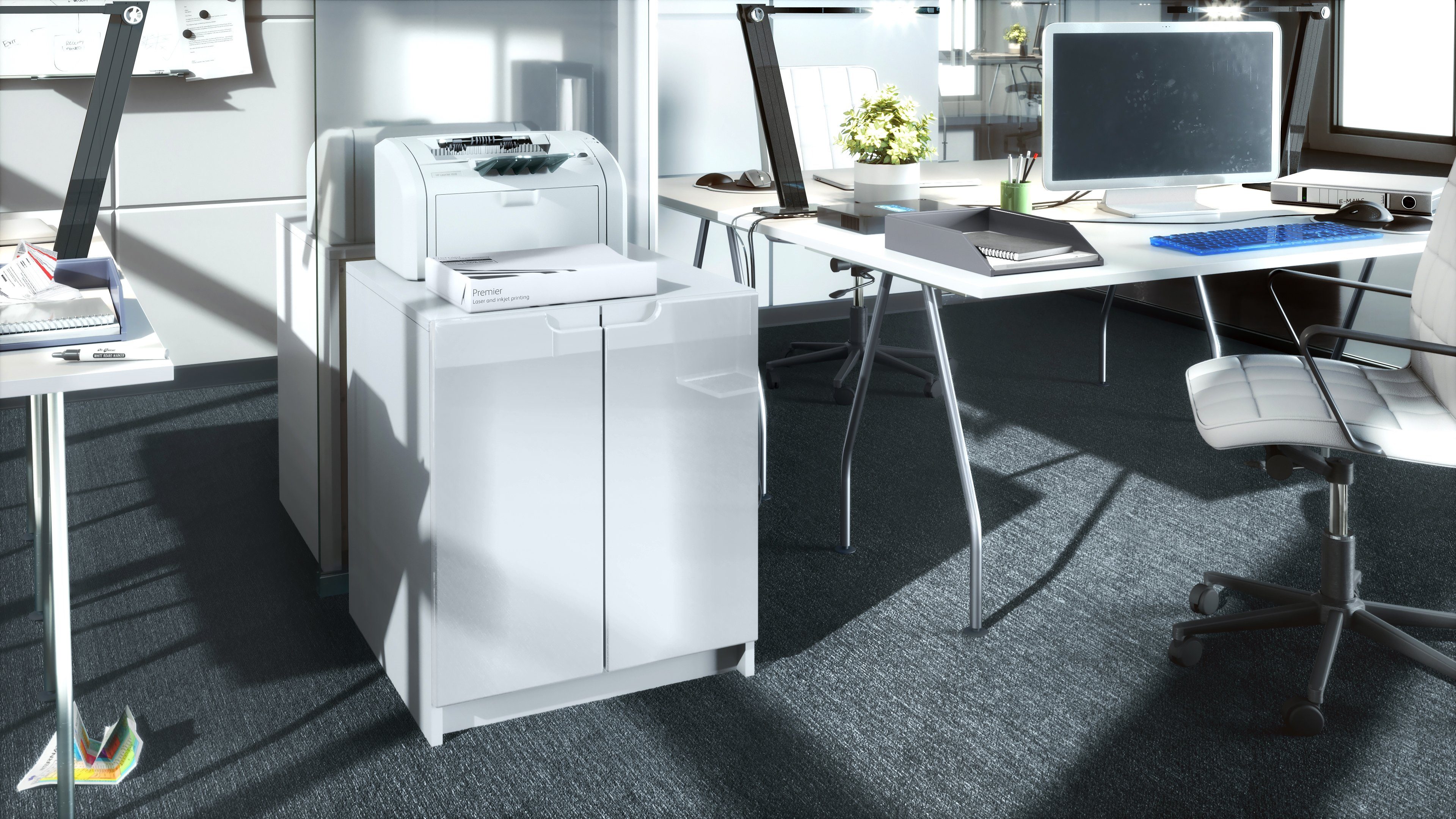 Vladon Kommode Logan (Aktenschrank, mit 2 Fächern und 2 Türen), Druckerschrank Weiß matt/Weiß Hochglanz (51 x 60,5 x 54 cm)