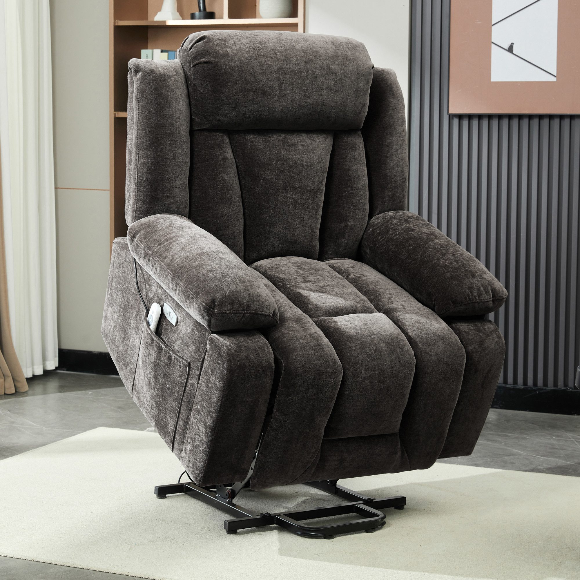 Merax Massagesessel mit 8-Punkt-Massagefunktion, Fernsehsessel mit USB-Anschluss (Chenille-Stoff, 1-St), Relaxsessel mit Heizfunktion & Hebefunktion, Staufach & Seitentaschen