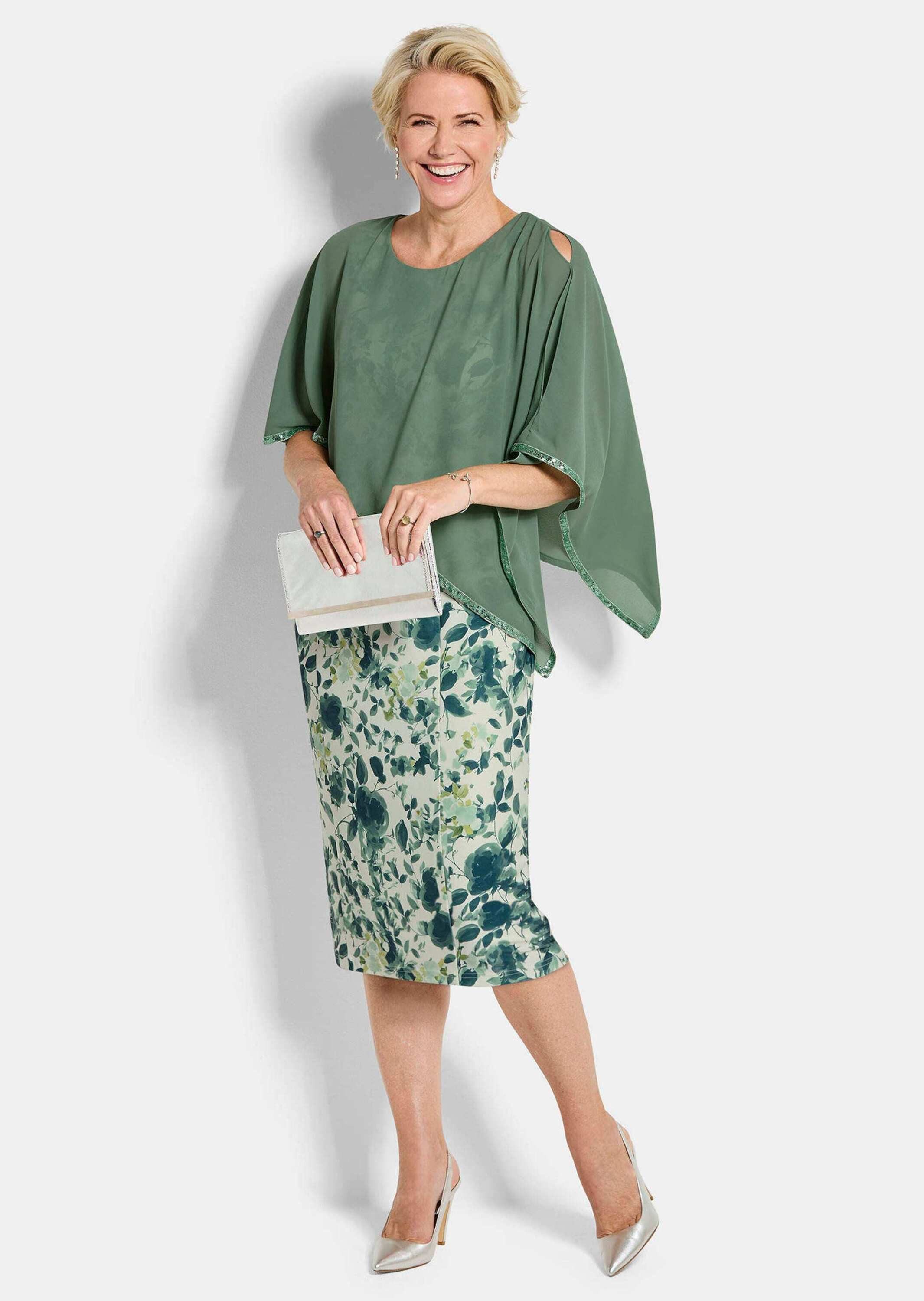 GOLDNER Abendkleid Cocktailkleid mit Chiffonüberwurf Festkleid mit und Chiffonüberwurf mit Rundhals, Knielänge und 3/4-Arm