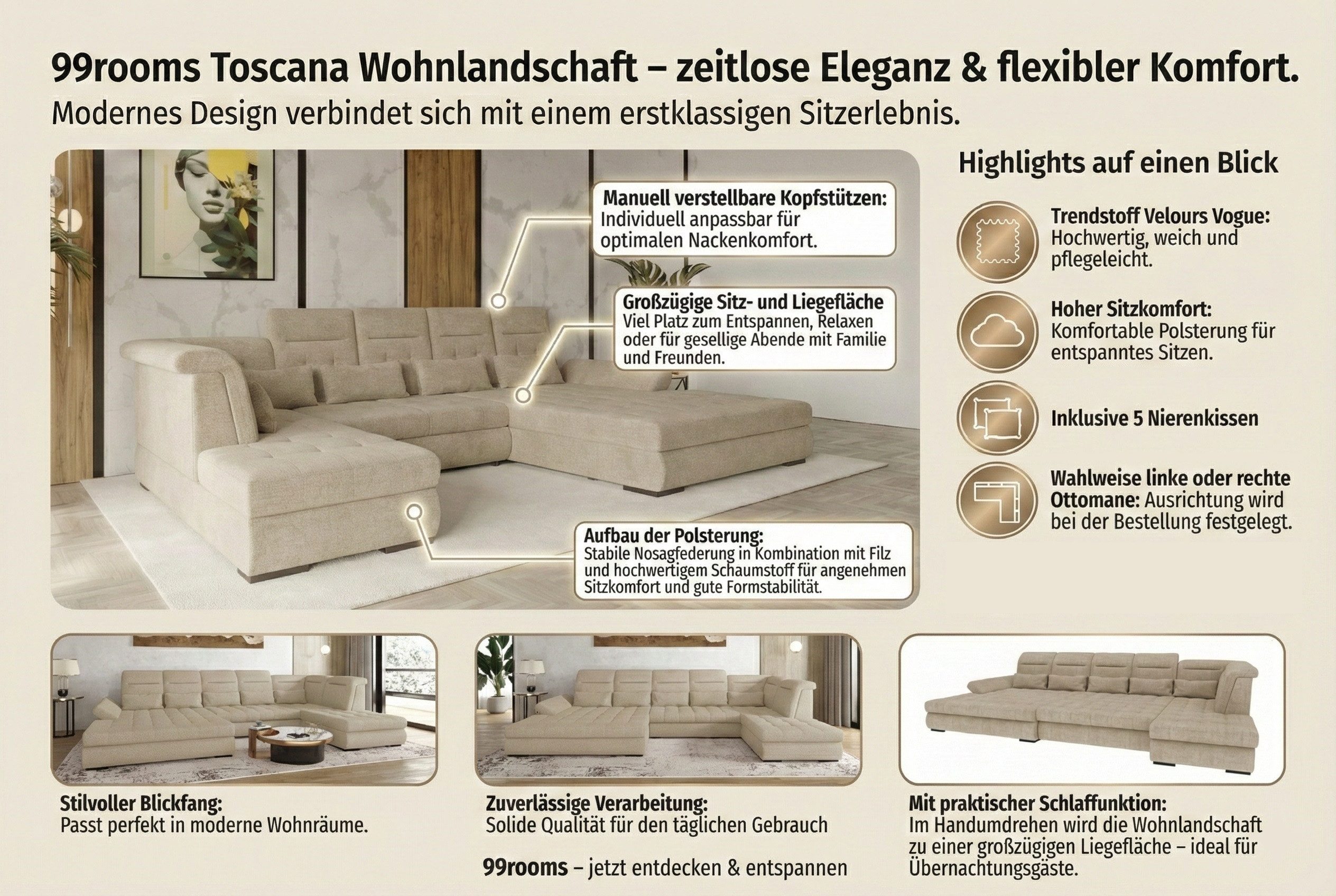 99rooms Wohnlandschaft Toscana, Sofa, U-Form, Bettfunktion, Rundumbezug aus gepolstertem Velours VOGUE