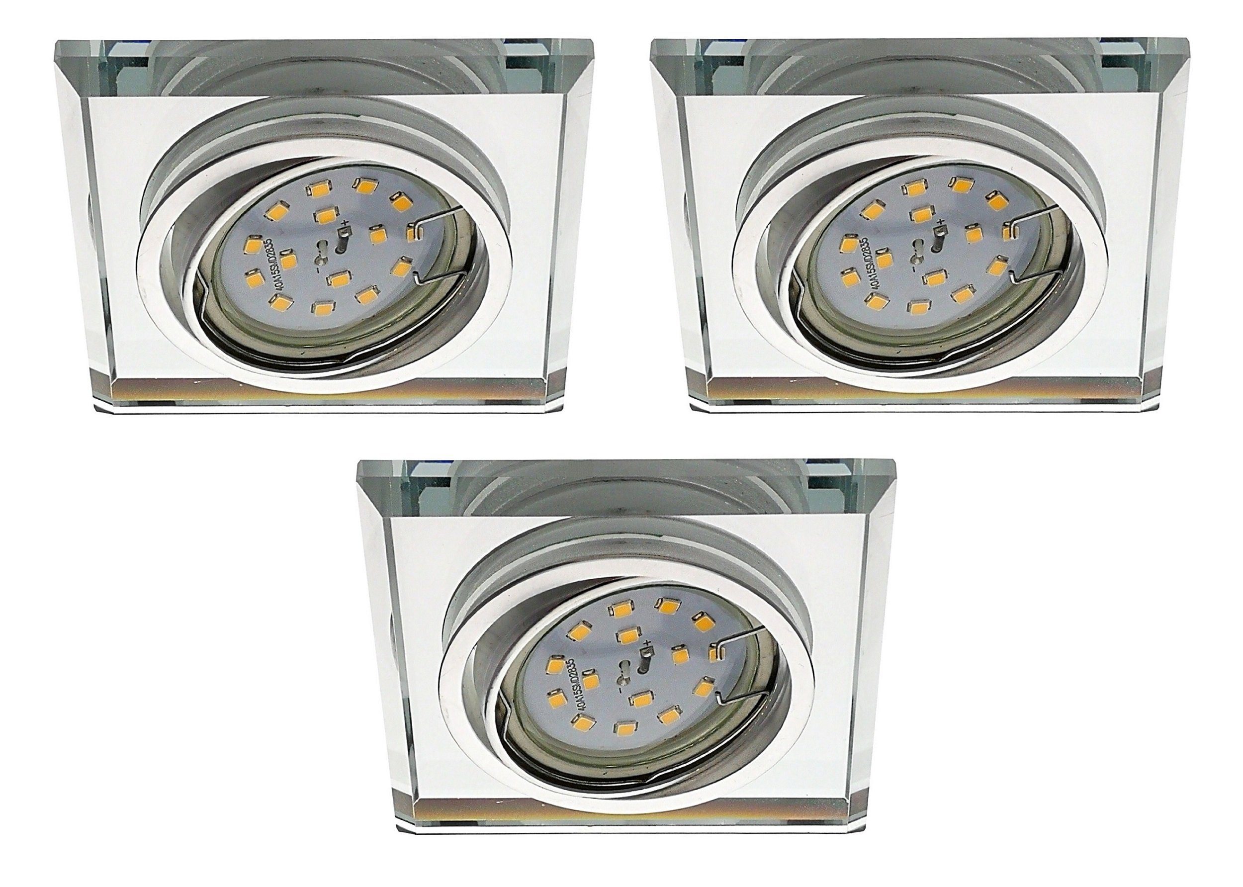 TRANGO LED Einbauleuchte, 3er Set *CRYSTAL* LED Deckenstrahler 6729S-03MO aus handgeschliffenem Glas & Alu inkl. 3x Ultra Flach 5 Watt LED Modul 3000K warmweiß, Einbauspots, Deckenleuchte, Deckenspots, Badleuchte, Deckenlampe