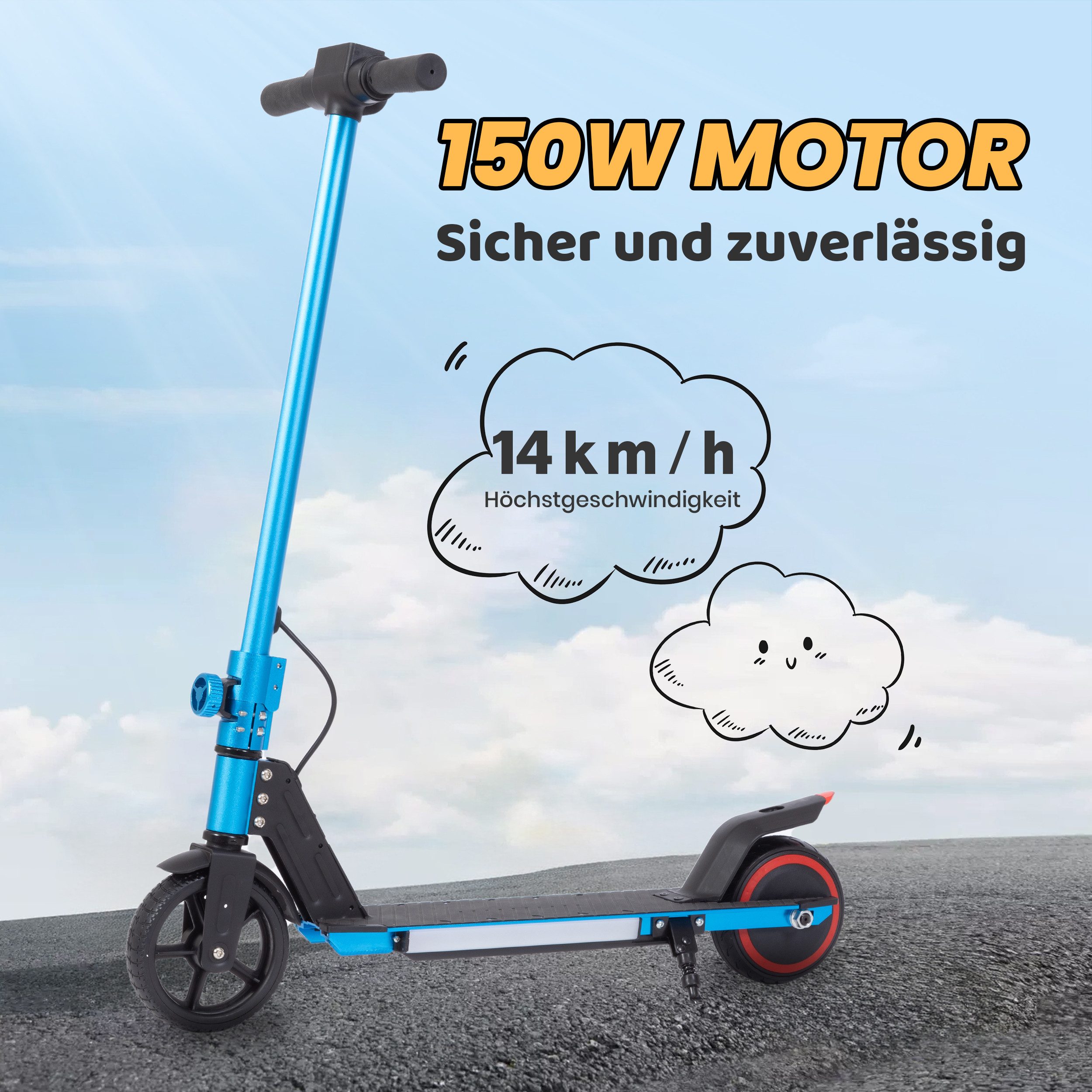 Vankel Cityroller Kinderroller ab 6 jahren, 10km, mit LED Leuchten, klappbar, Tretroller, 150 W, 14 km/h, (bis 80kg, EBS+Fußbremse, klappbare Aluminiumrahmen), Escooter für Kinder, nur 6,5kg, faltbar, für 130-160 cm