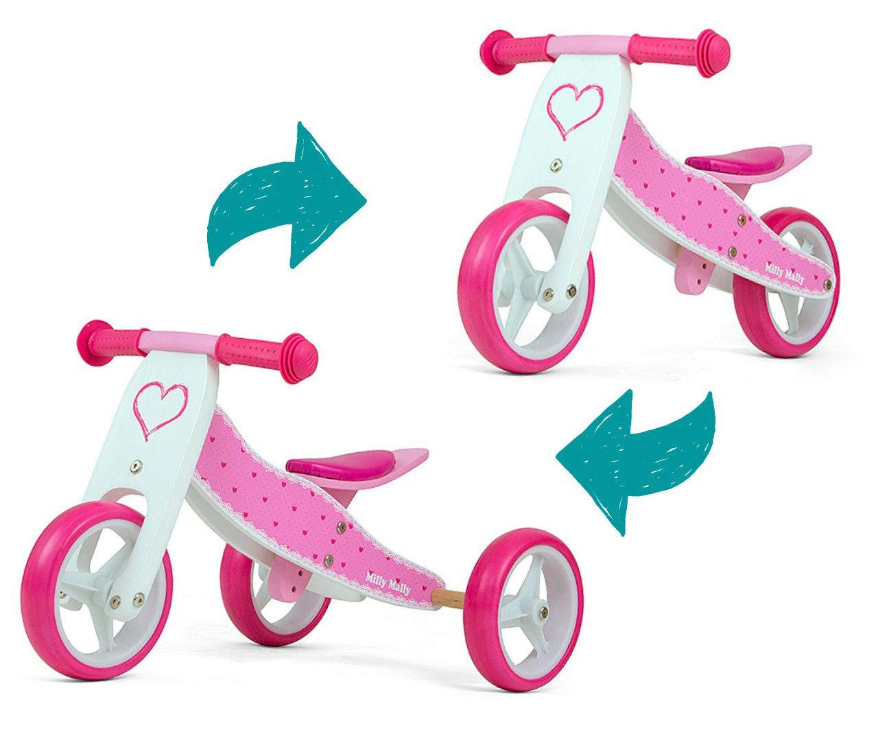 für • • Hearts Lauflernrad LeNoSa 18M+ Mally Laufrad Dreirad Holz Milly • Balance Alter Bike • aus Kinder 2in1 Rutscher