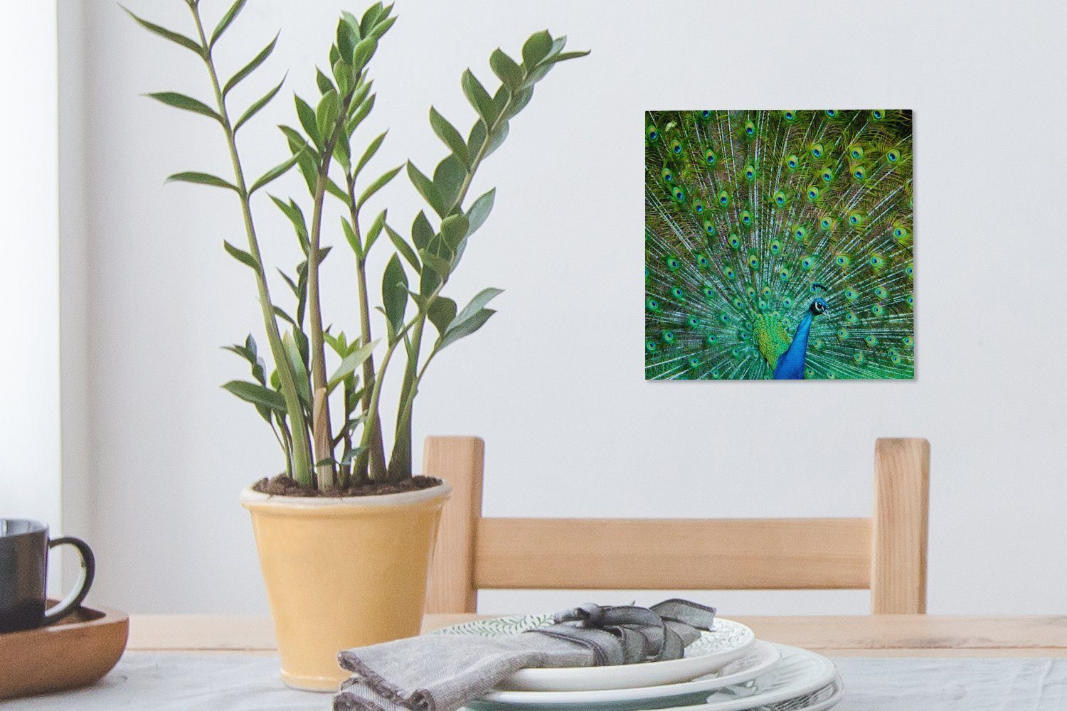 Leinwandbild Schlafzimmer Leinwand OneMillionCanvasses® blau-grünem für (1 Bilder mit St), Wohnzimmer Gefieder, Pfau