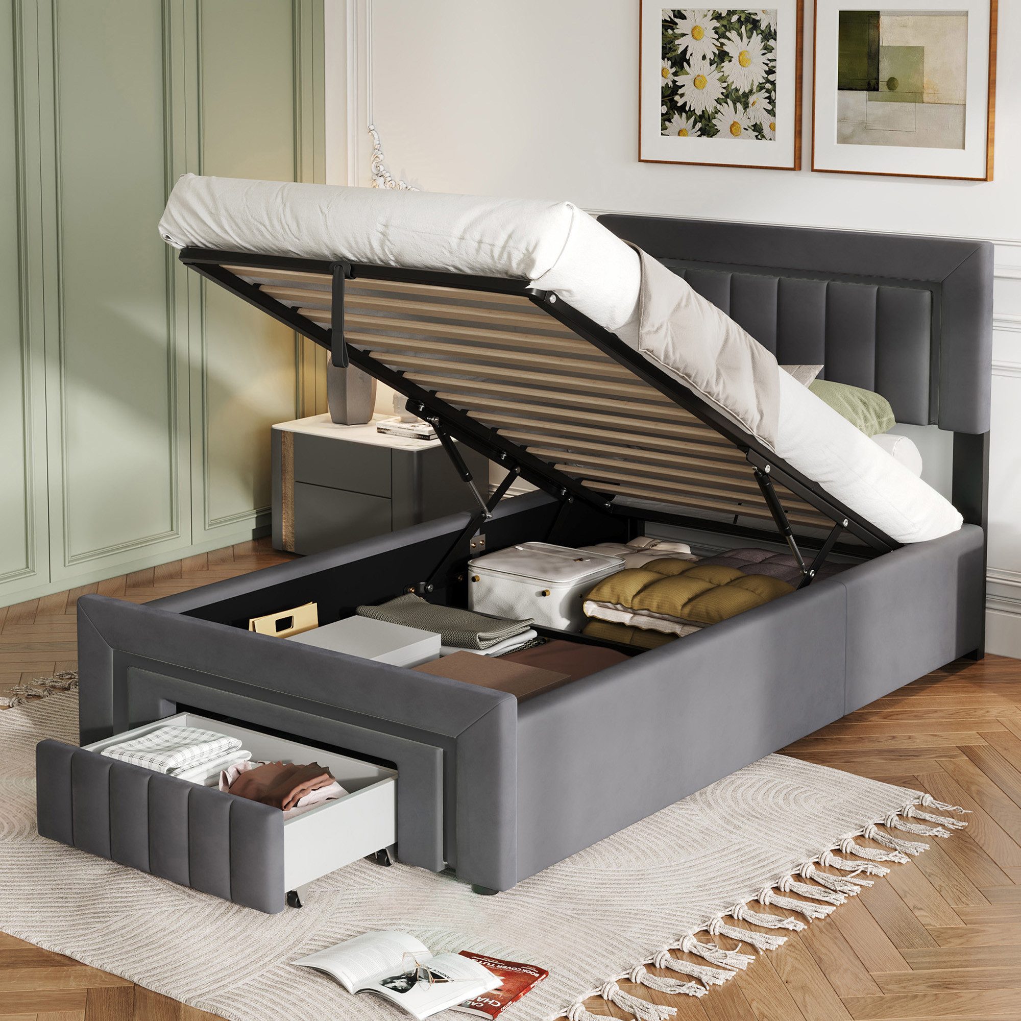 HAUSS SPOLE Polsterbett 90×200 Boxspringbett Jugendbett mit Bettkasten und Schubladen,Grau (90×200 Einzelbett Boxspringbett Jugendbett mit Stauraum und Lattenrostkonstruktion), Funktionbett mit Lattenrostkonstruktion ohne Matratze