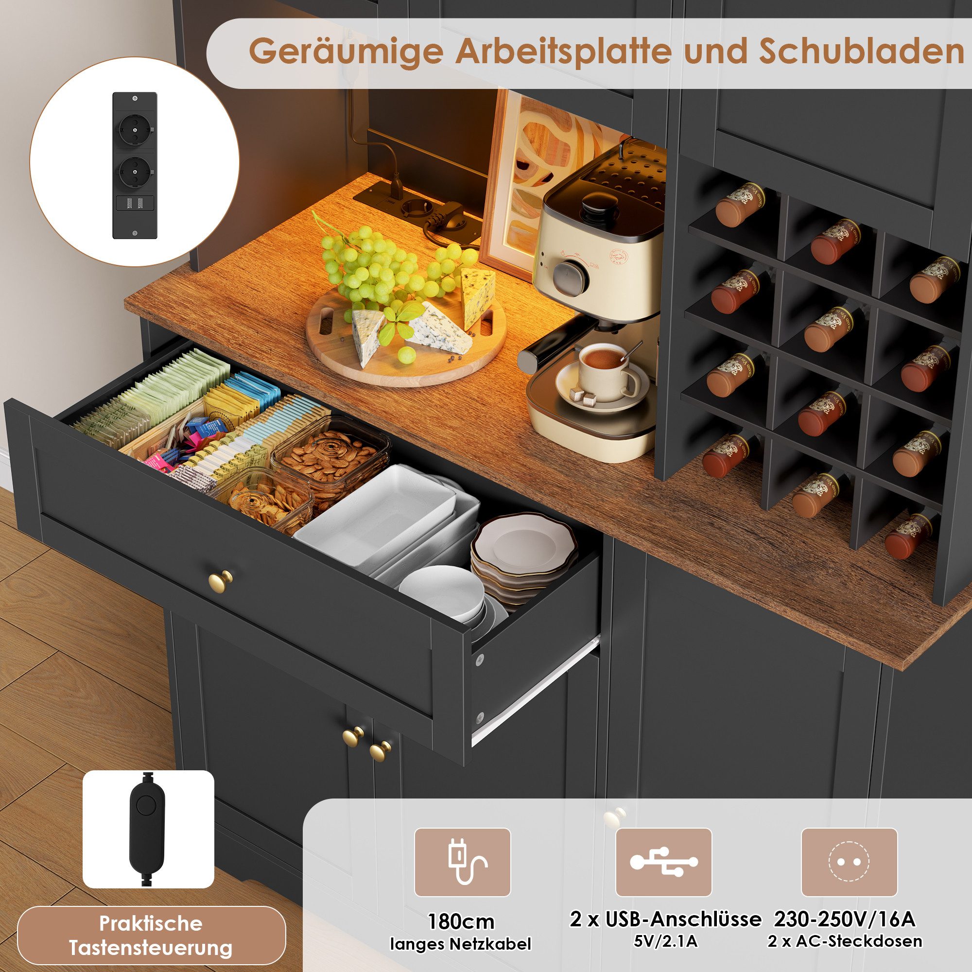 Homfa Küchenbuffet Küchenbuffet mit LED & Weinregal Küchenschrank Buffetschrank Sideboard weiß mit Steckdosenleiste & Arbeitsplatte 180x100x39cm