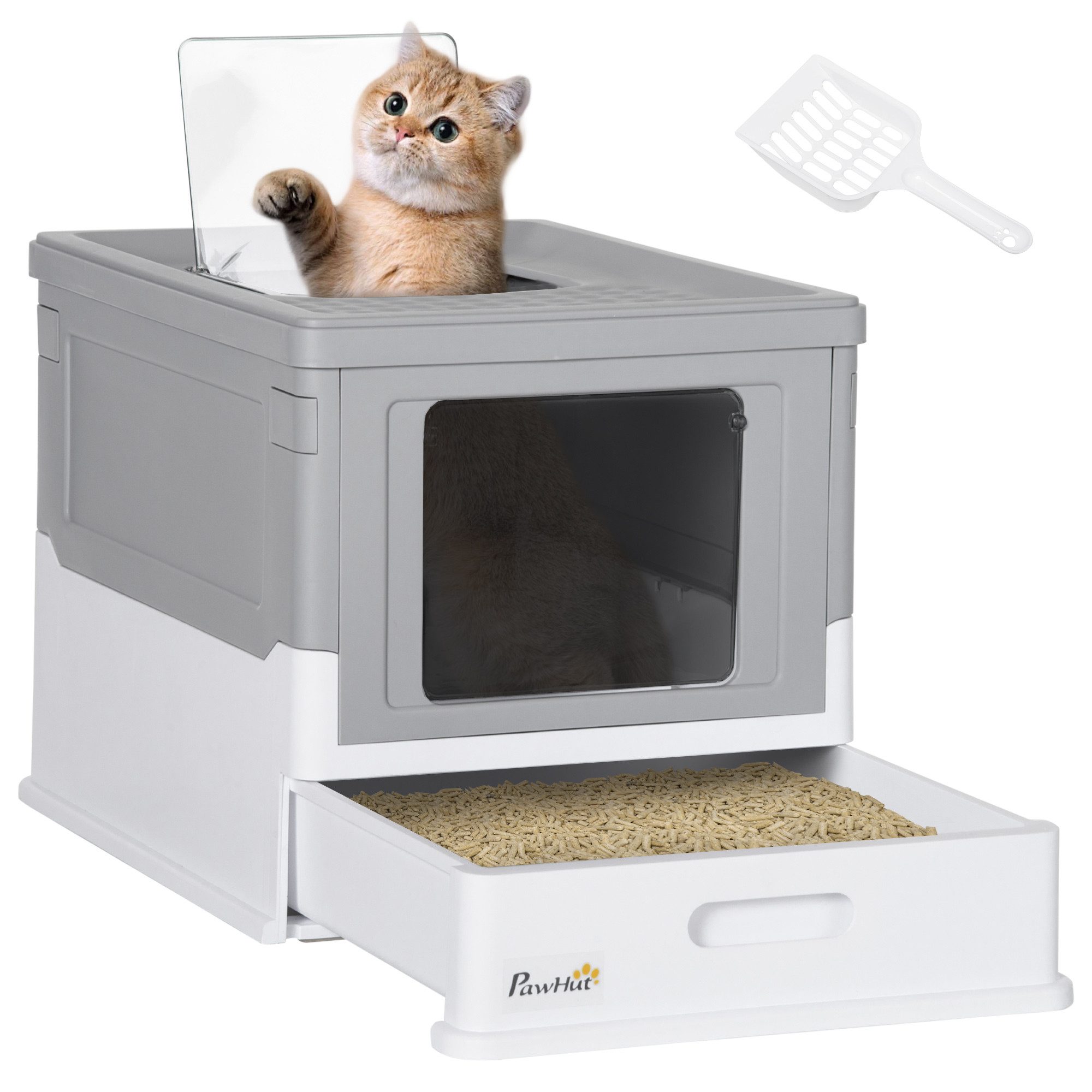 PawHut Katzentoilette Katzenklo mit Deckel Katzenhaus mit Bodenschale und Schaufel, Kunststoff Weiß+Grau 47,5 x 35,5 x 36,7 cm