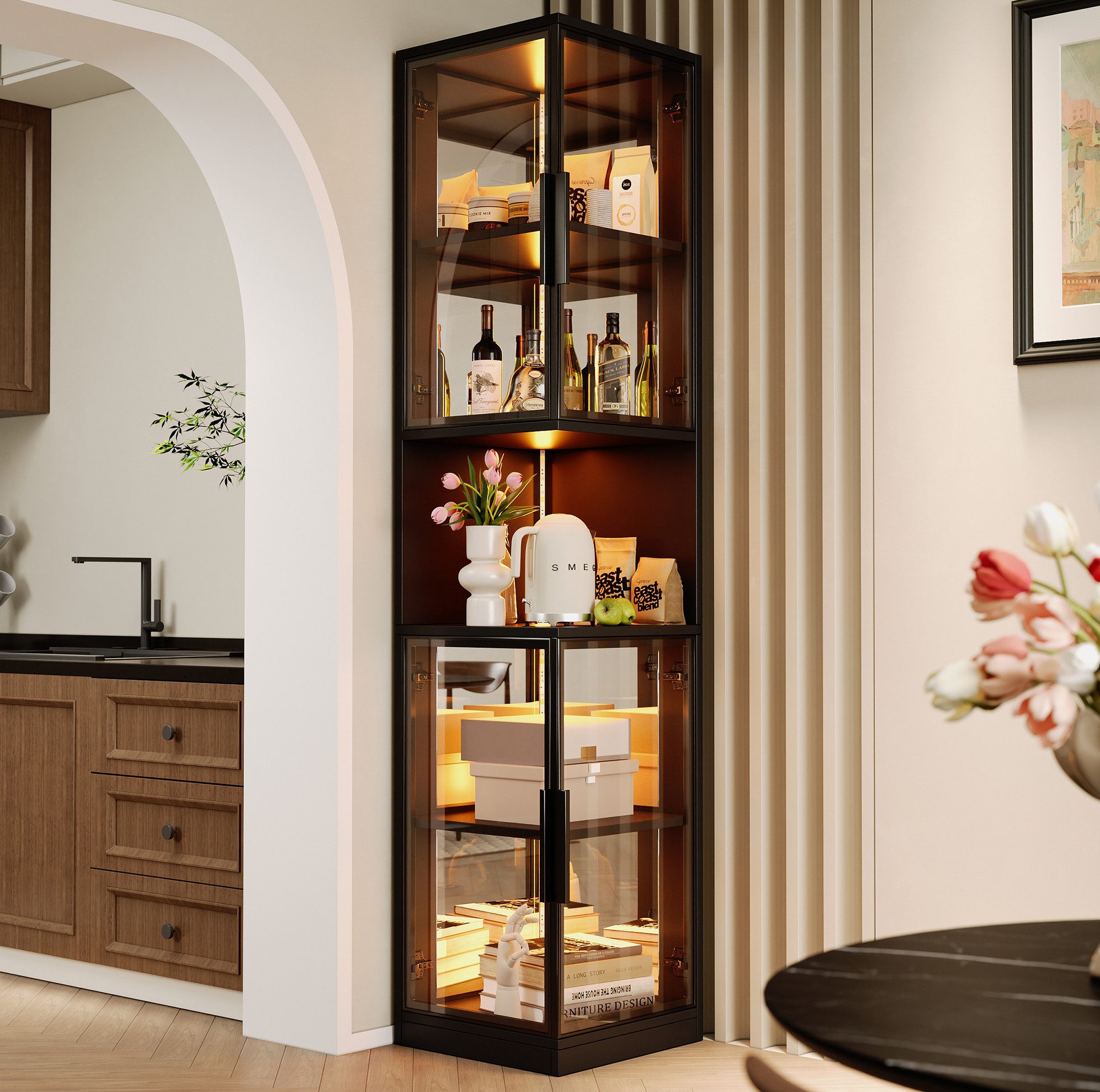 MODFU Vitrine Regal 44x205x42 cm mit LED-Beleuchtung & Glastüren (Packung, 1-St., mit farbwechselnder Beleuchtung und Kippschutzvorrichtung–elegant) mit doppelten Glastüren und verspiegelter Rückwand