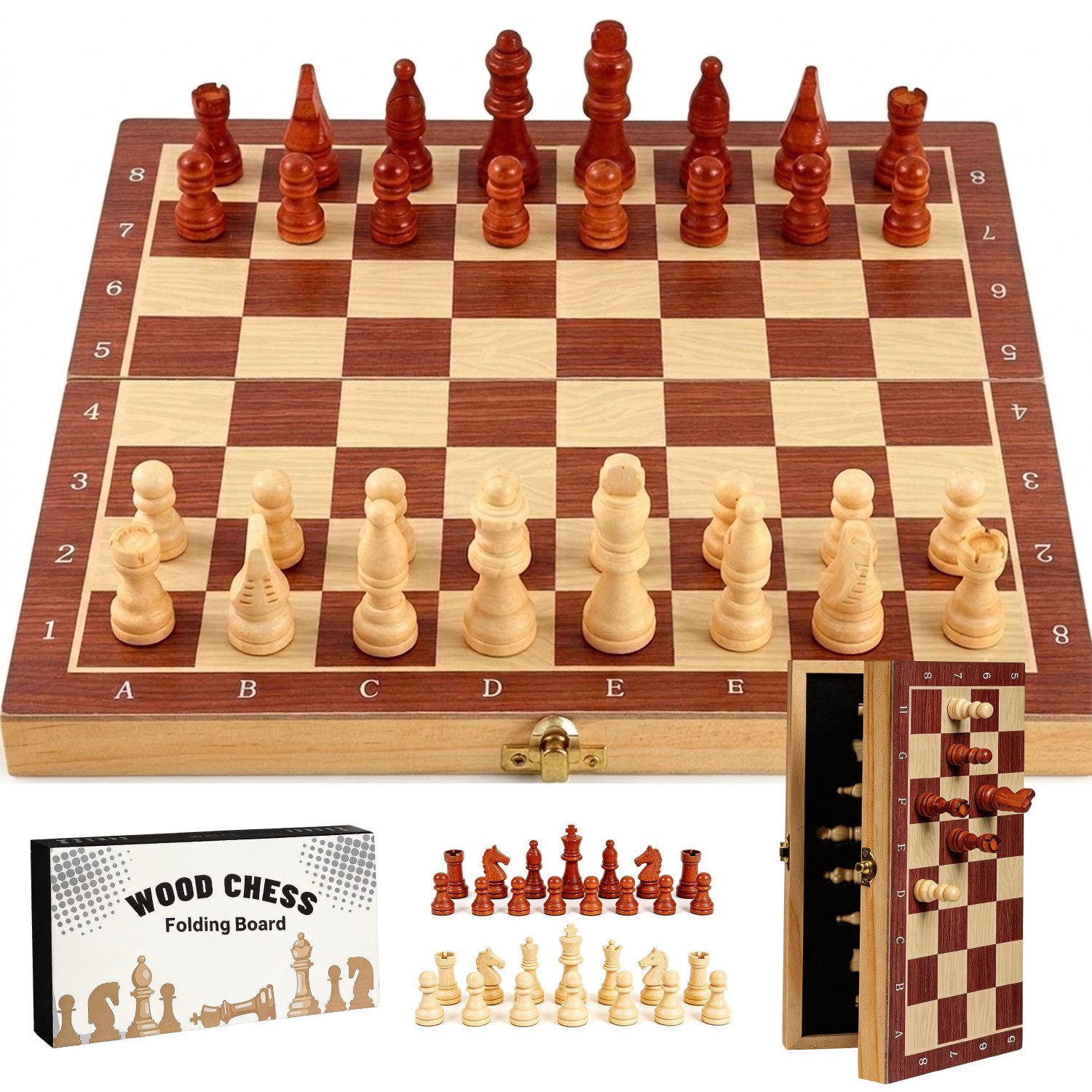 AKKEE Spiel magnetisches Schachspiel aus Holz 29 x 29cm Klappbare Holzkiste, Magnetisches Schachbrett Holz
