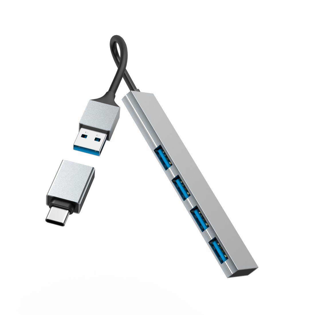 USB Hub mit Adapter, 4 Ports mit USB C und USB A Stecker, Slim, grau USB-Adapter
