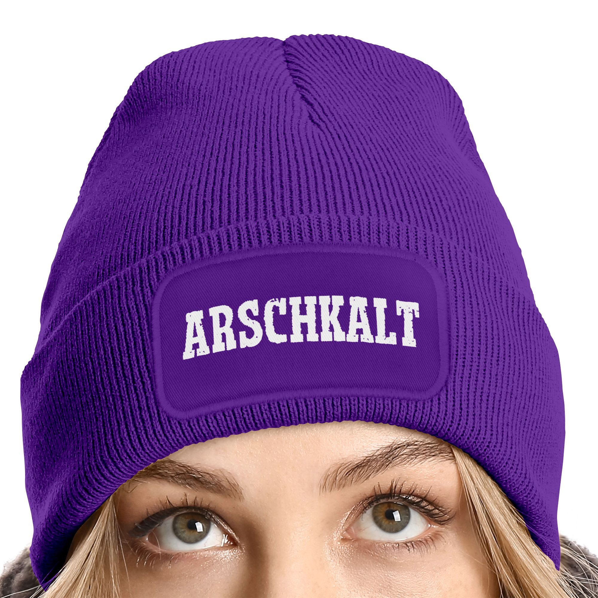 MoonWorks Strickmütze Moonworks® Damen Beanie mit Patch Arschkalt Strickmütze mit Spruch