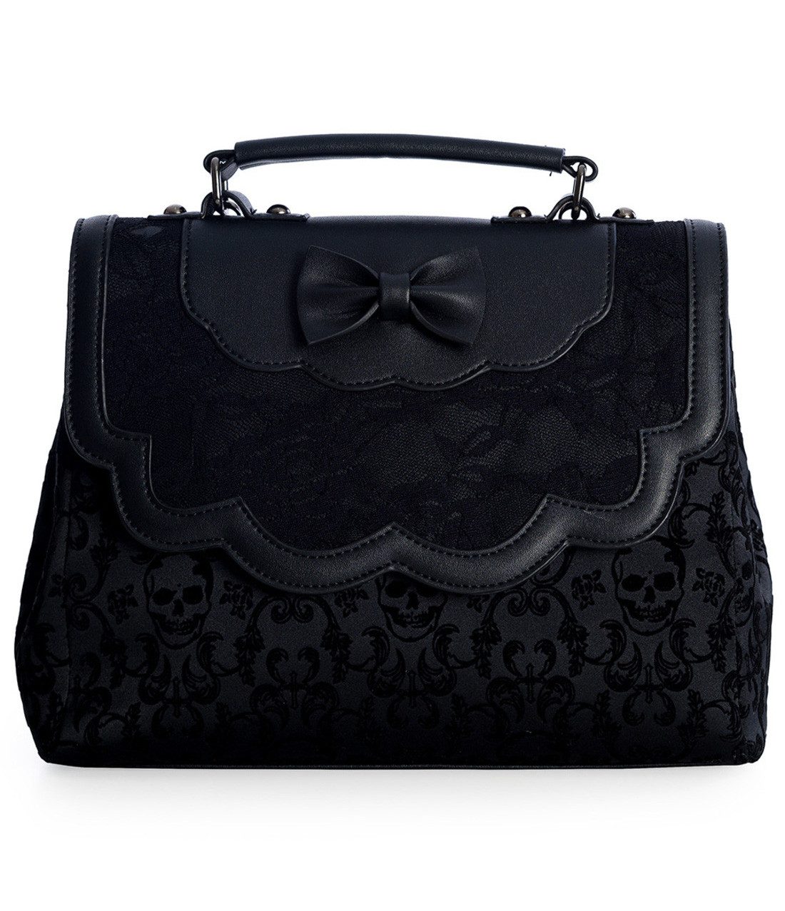 Banned Handtasche Scarlet Illusion, Damaskmuster Henkeltasche Schleife Totenkopf Motiv Gothic
