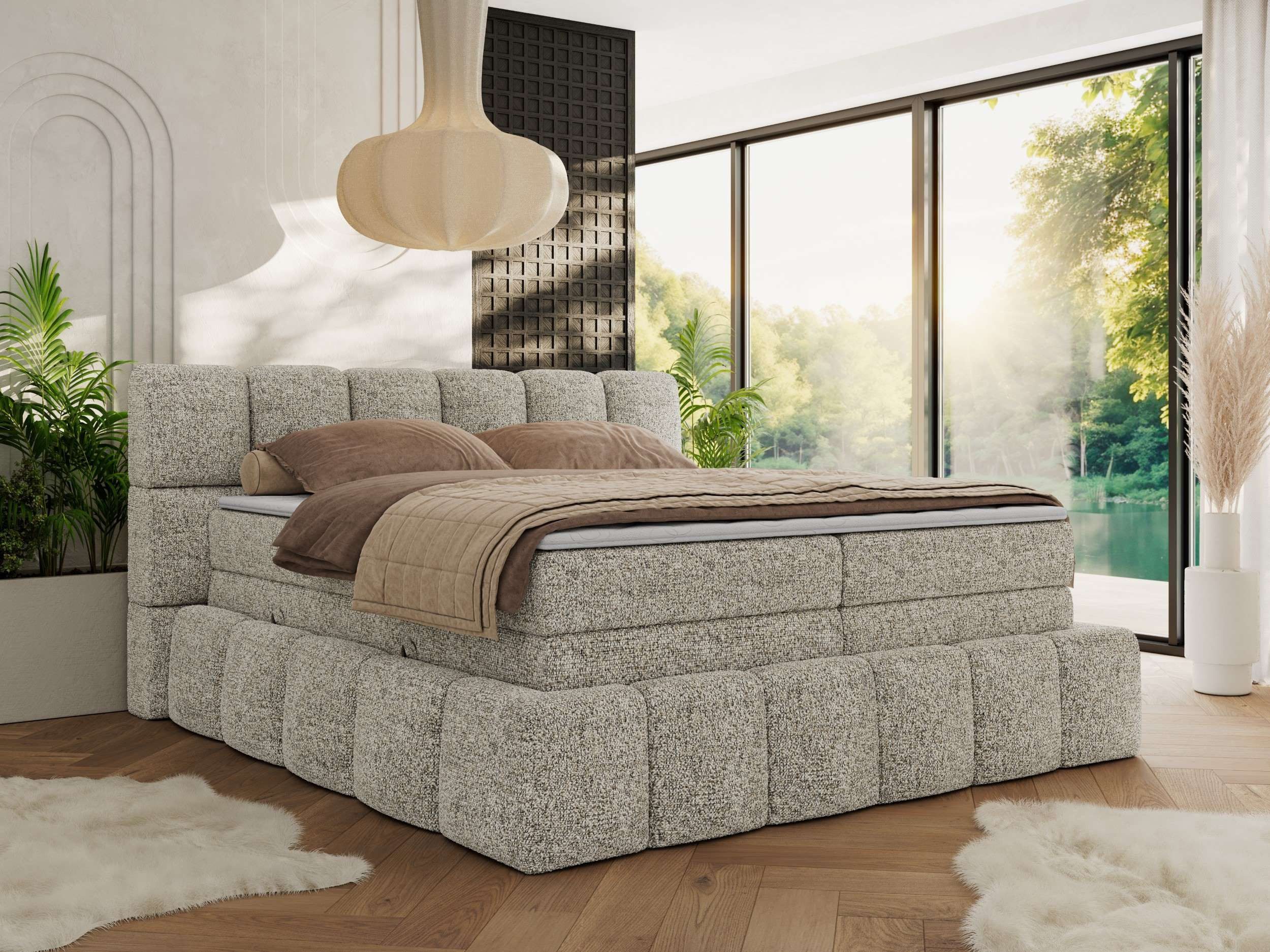 MKS MÖBEL Boxspringbett NIRA KING (Doppelbett-Set mit Topper & Bettkasten, 7-Zonen-Taschenfederkern, Härte H3/H4 wählbar, Topper 5 cm), breites, weiches Kopfteil, Komfortliegehöhe, robuste Ausführung