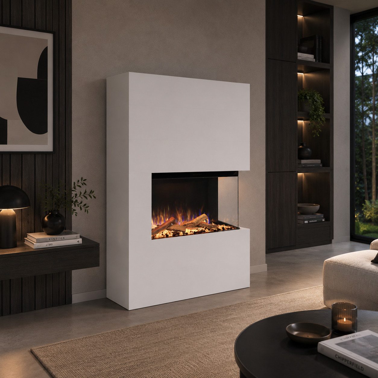 GLOW FIRE Elektrokamin LED E-Motion 3D - Portia, täuschend echte Flamme mit Heizung, 3 Dekorationen