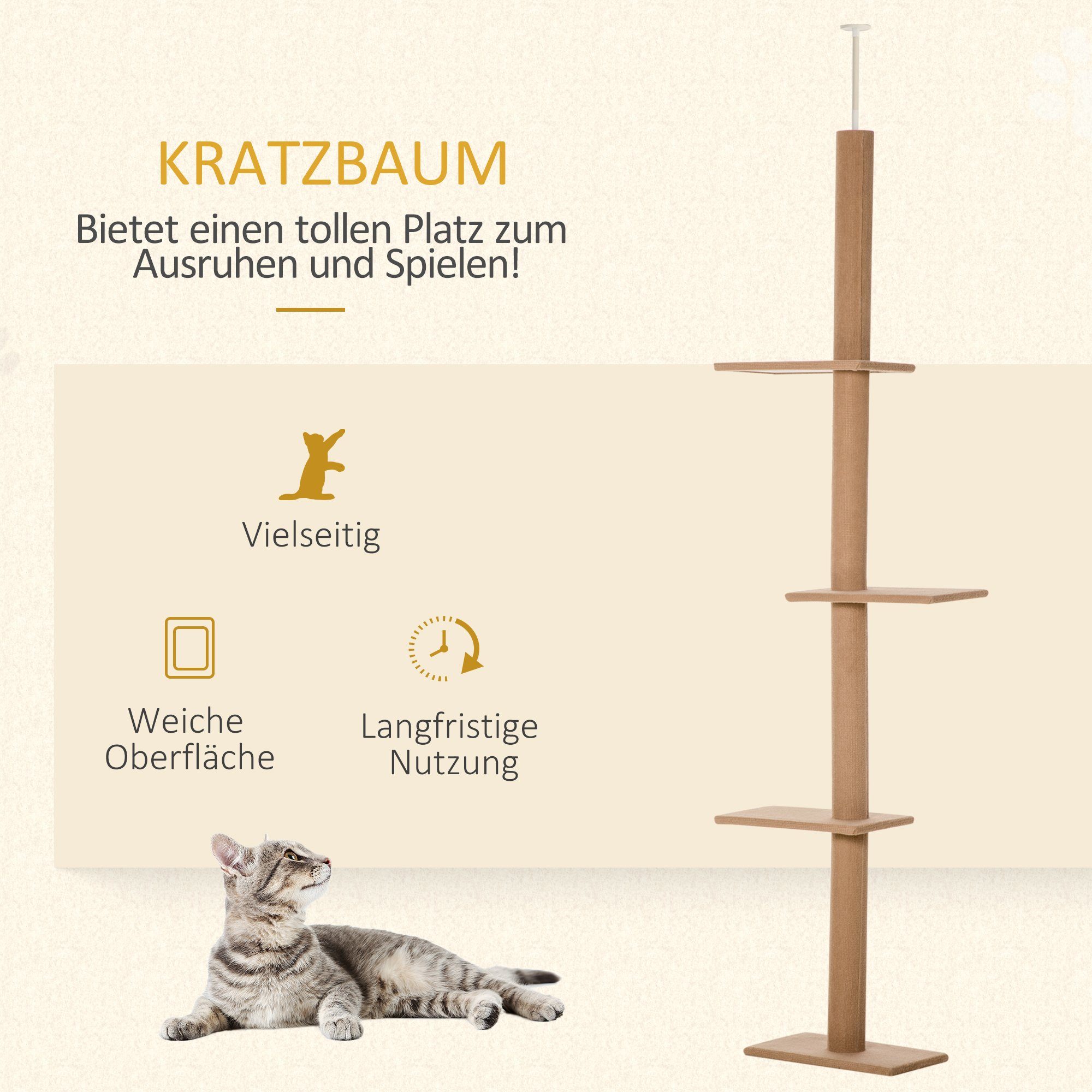 PawHut Kratzbaum Deckenhoch, Höhenverstellbarer Katzenbaum mit 3 Ebenen, Hellbraun, 43L x 27B x 228-260H cm