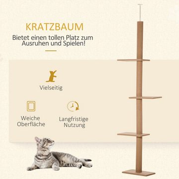 PawHut Kratzbaum Deckenhoch, Höhenverstellbarer Katzenbaum mit 3 Ebenen, Hellbraun, 43L x 27B x 228-260H cm