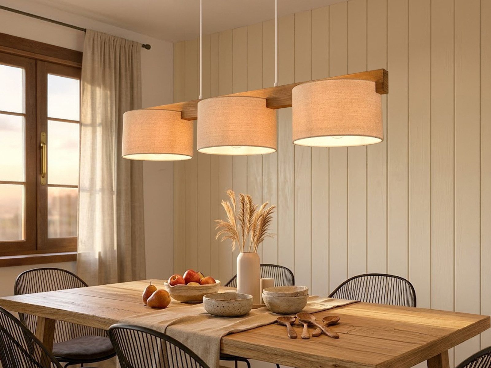 meineWunschleuchte mit Holz-Balken & Stoff, Breite 100cm, ohne Leuchtmittel, Esstisch-Lampe hängend, Holzlampe skandinavisch, Esszimmerlampe groß