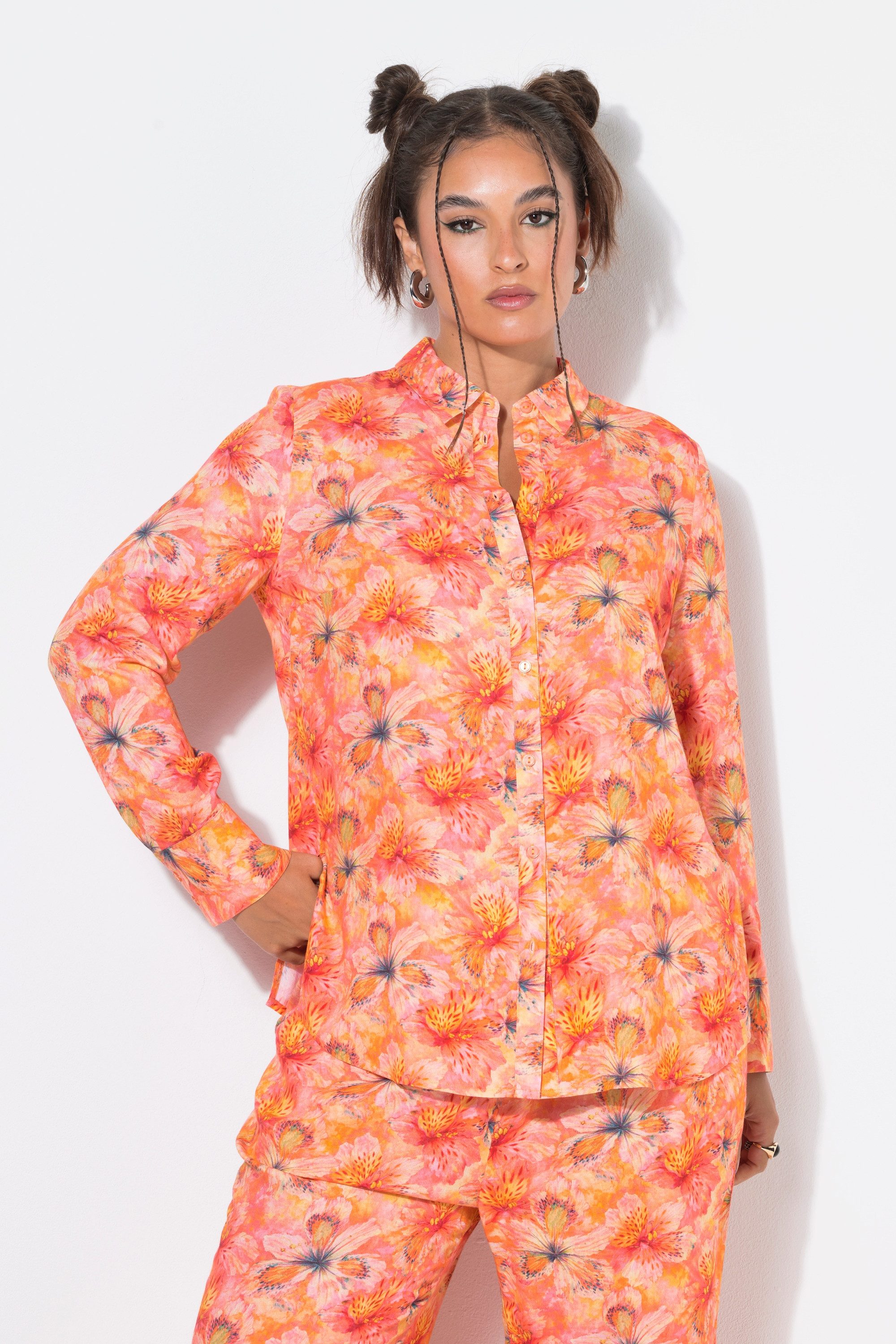 Studio Untold Hemdbluse Hemdbluse Straight Shape Orchideen-Print Langarm