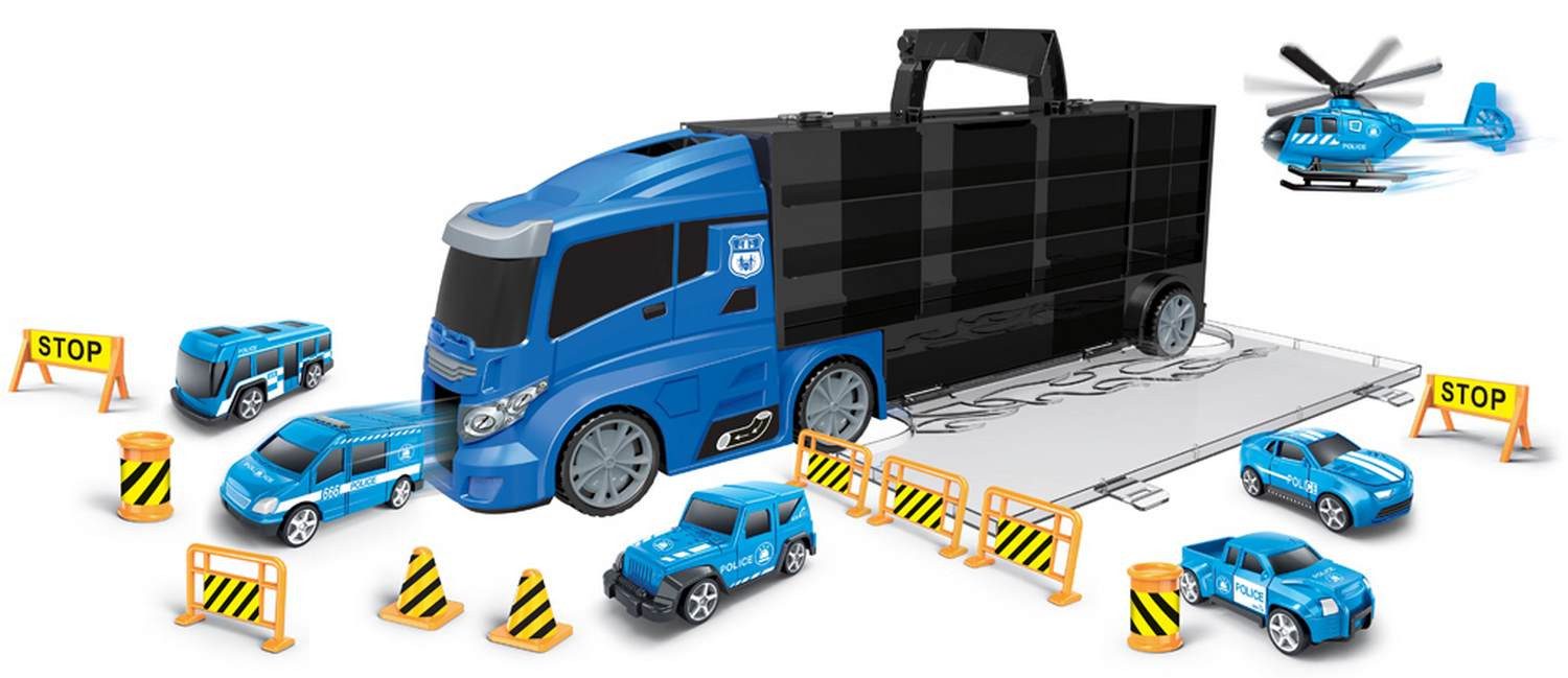 Diakakis Spielzeug-Transporter Mega Truck LKW Tragekoffer 19-tlg Autos Helikopter