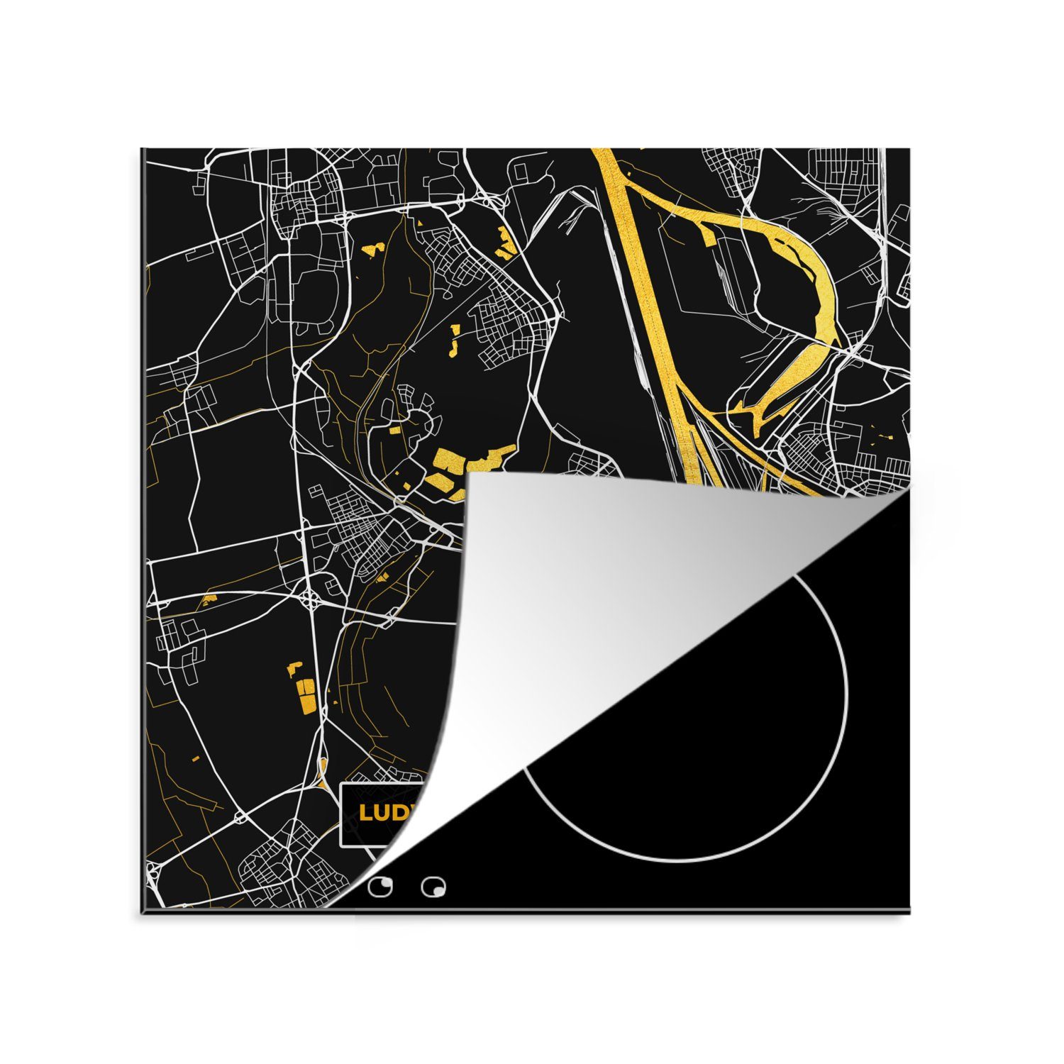 MuchoWow Herdblende-/Abdeckplatte Ludwigshafen Am Rhein - Gold - Karte - Stadtplan - Deutschland, Vinyl, (1 tlg), 78x78 cm, Ceranfeldabdeckung, Arbeitsplatte für küche