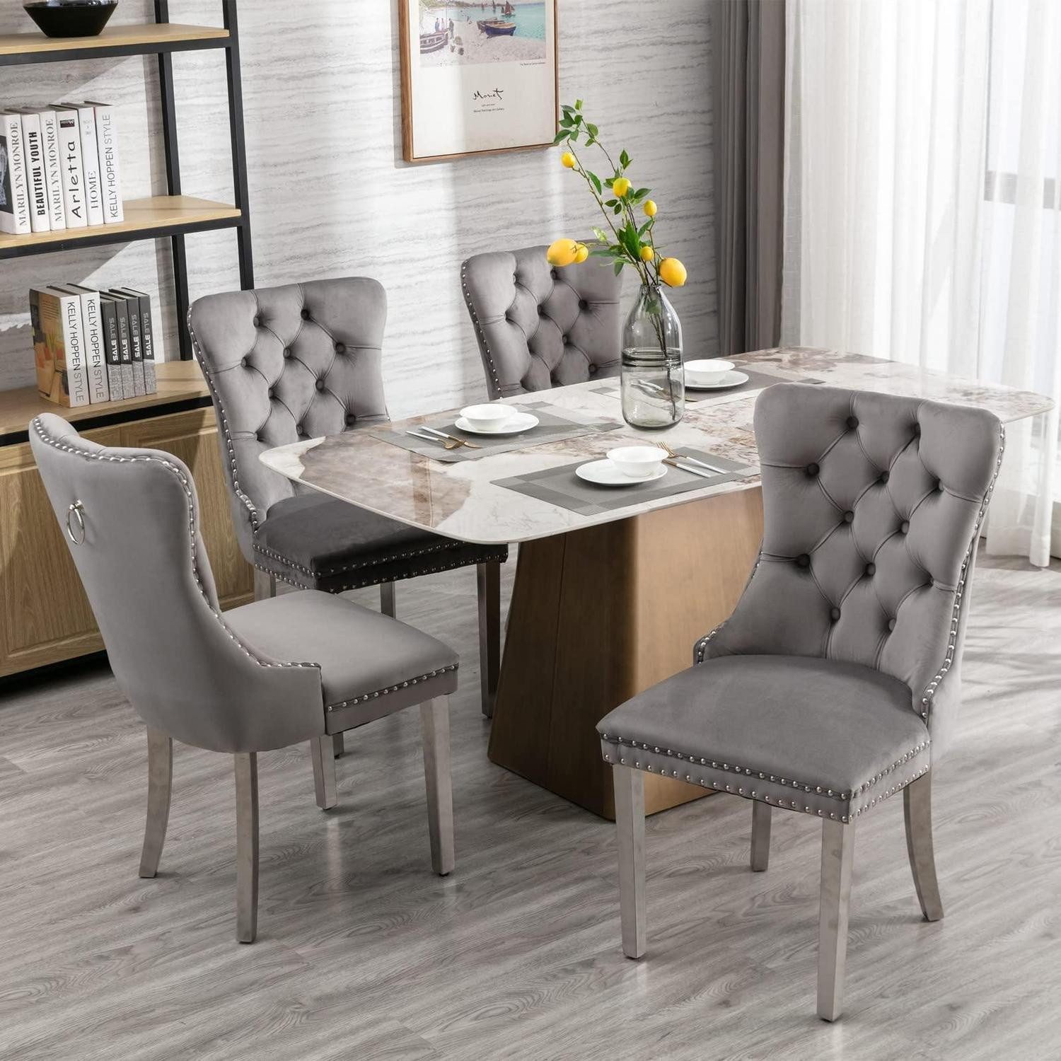 LuxusKollektion Esszimmerstuhl Esszimmerstühle 4er Samt Chrombeine 4er set Grau + Chrom (A)