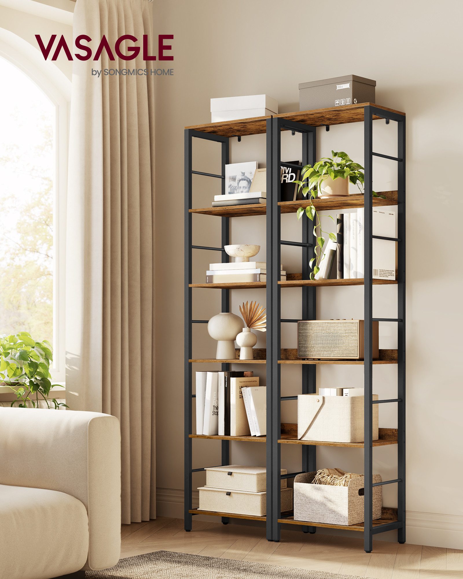 VASAGLE Bücherregal, 6 Ebenen, Aufbewahrungsregal, mit Rückplatten, für Wohnzimmer