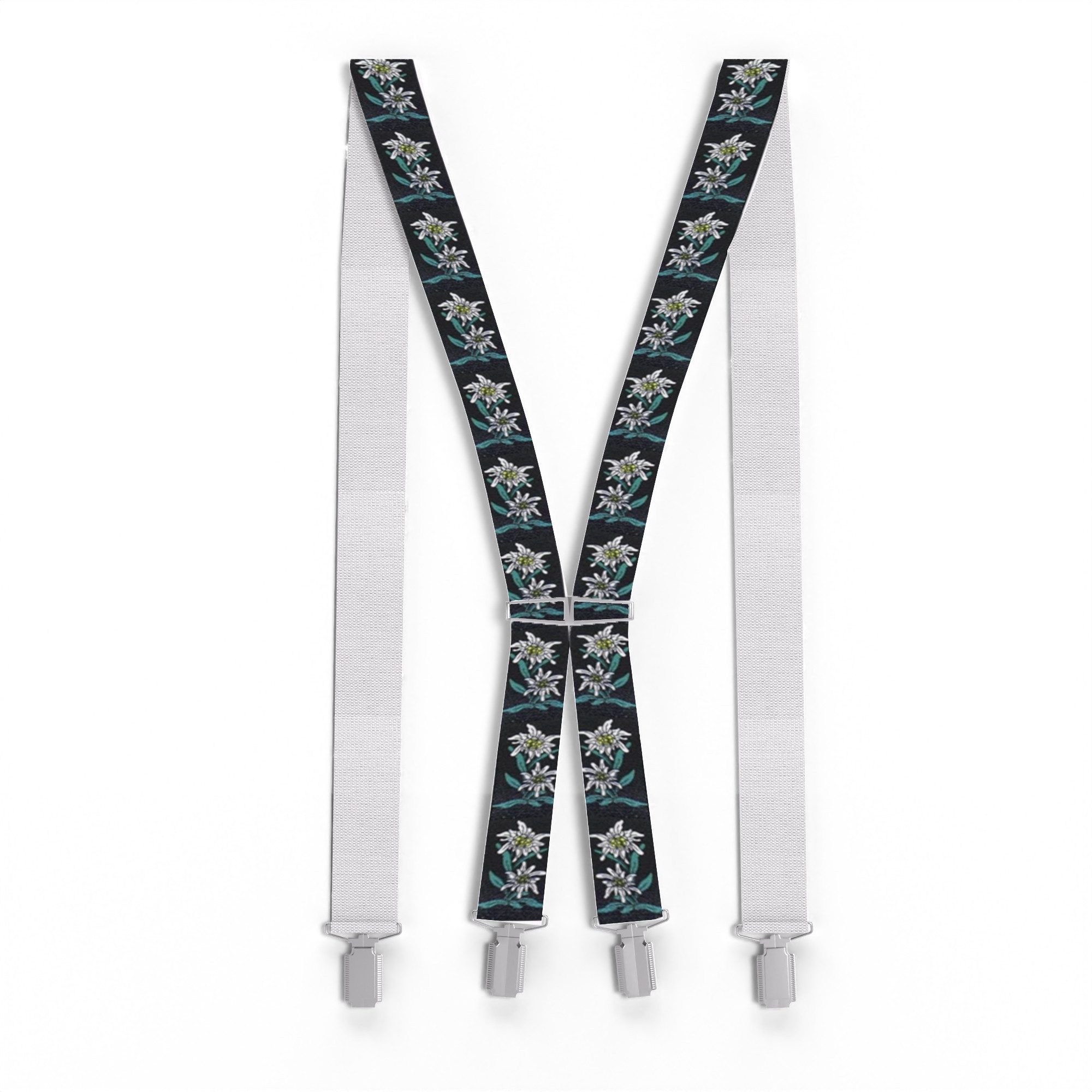 ZUKUNFTSENKEL Hosenträger Hosenträger Edelweiß 4 Clips 3,5cm Breite (Edelweiss Muster, X-Form) Rutschfest, Elastisch
