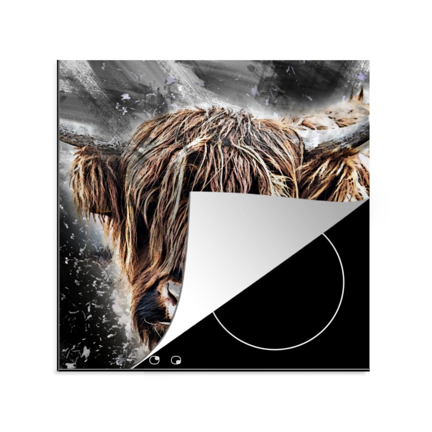 MuchoWow Herdblende-/Abdeckplatte Schottischer Highlander - Schwarz - Tiere, Vinyl, (1 tlg), 78x78 cm, Ceranfeldabdeckung, Arbeitsplatte für küche | Herdabdeckplatten