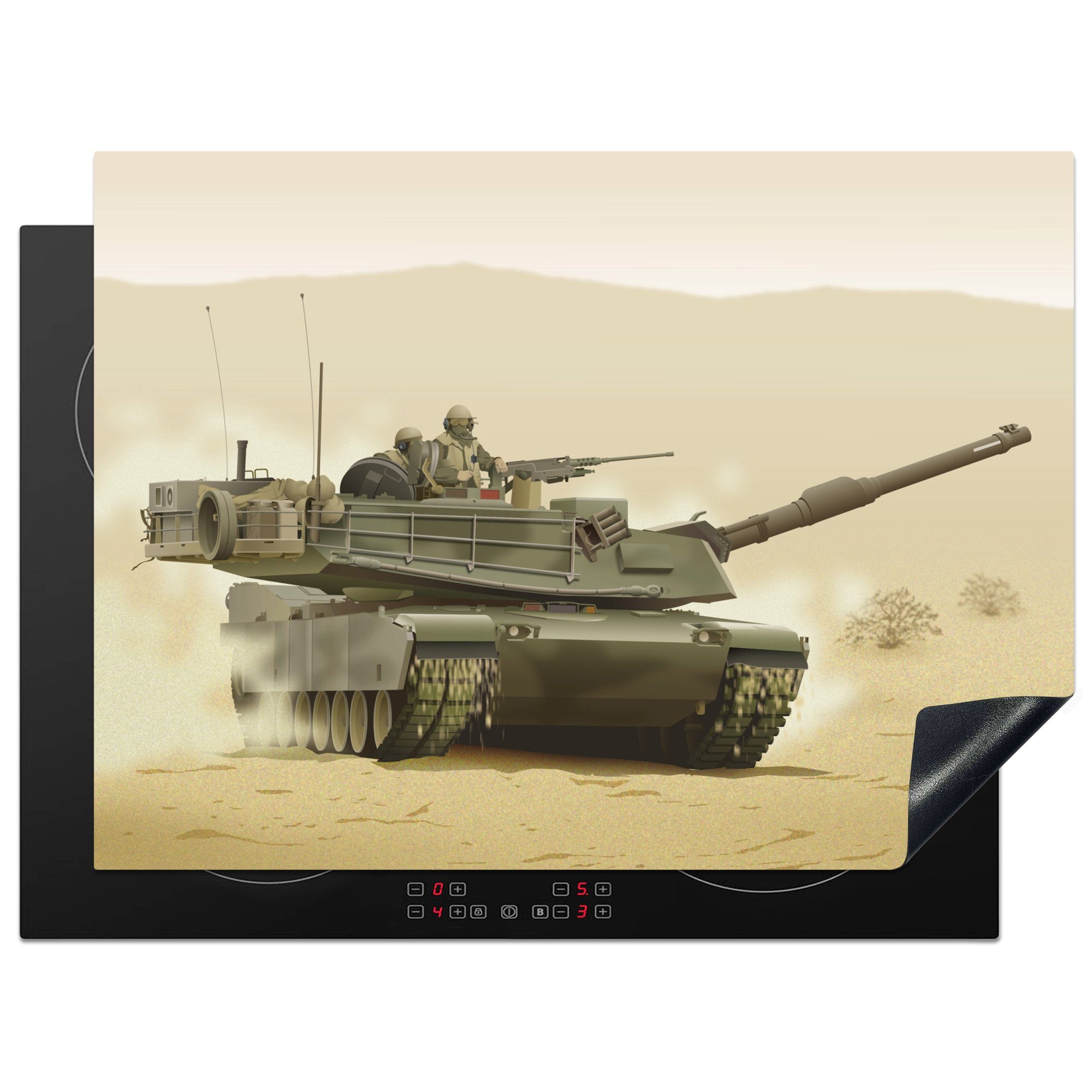 MuchoWow Herdblende-/Abdeckplatte Eine Illustration eines Panzers in der Wüste, Vinyl, (1 tlg), 70x52 cm, Mobile Arbeitsfläche nutzbar, Ceranfeldabdeckung