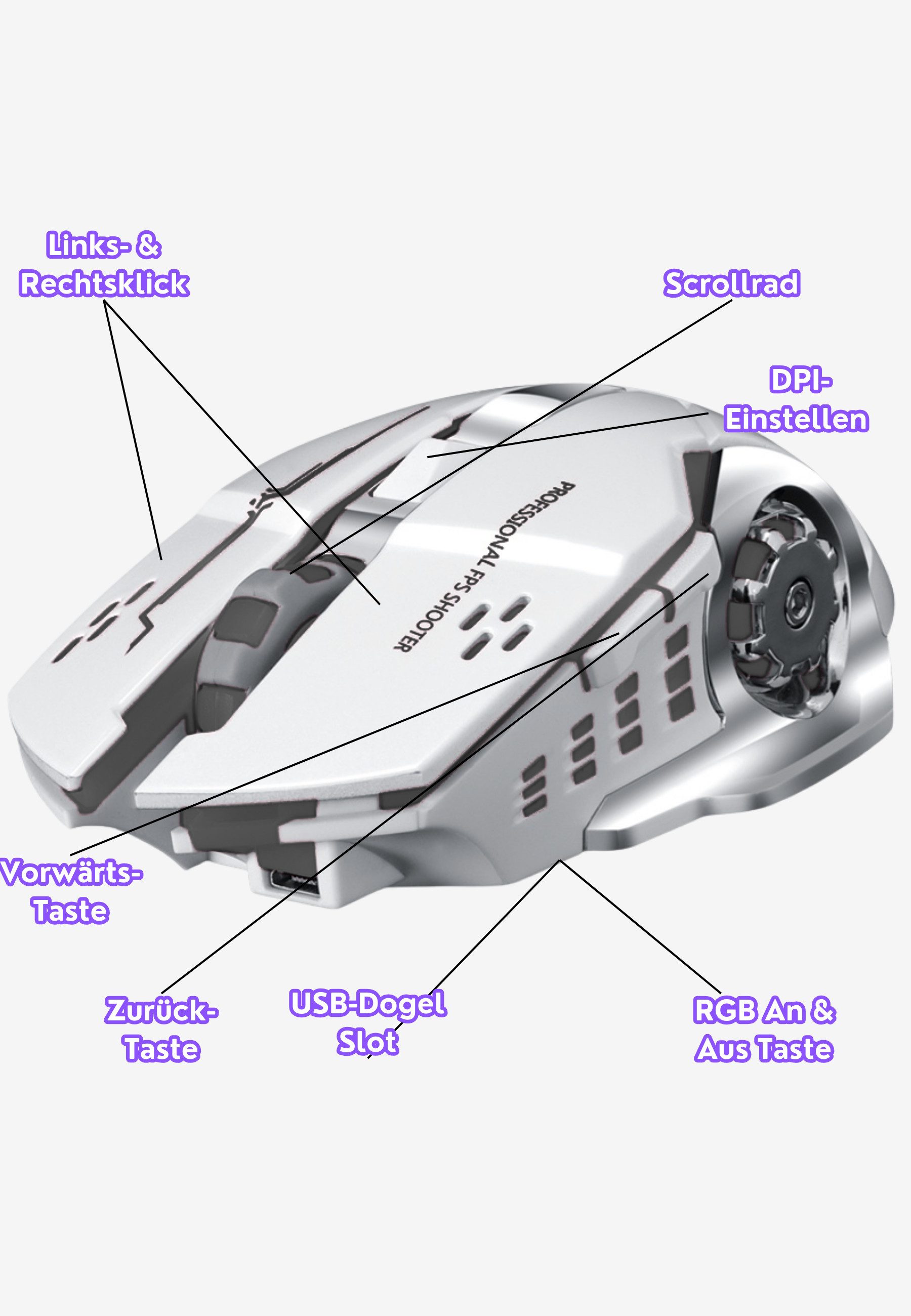 S&T Design Gaming Maus Kabellos RGB Wireless USB Gaming-Maus (Funk, 2400 dpi, Plug & Play 7 Tasten Extrem Leise Schwarz Weiss) – Bild 3 von 4