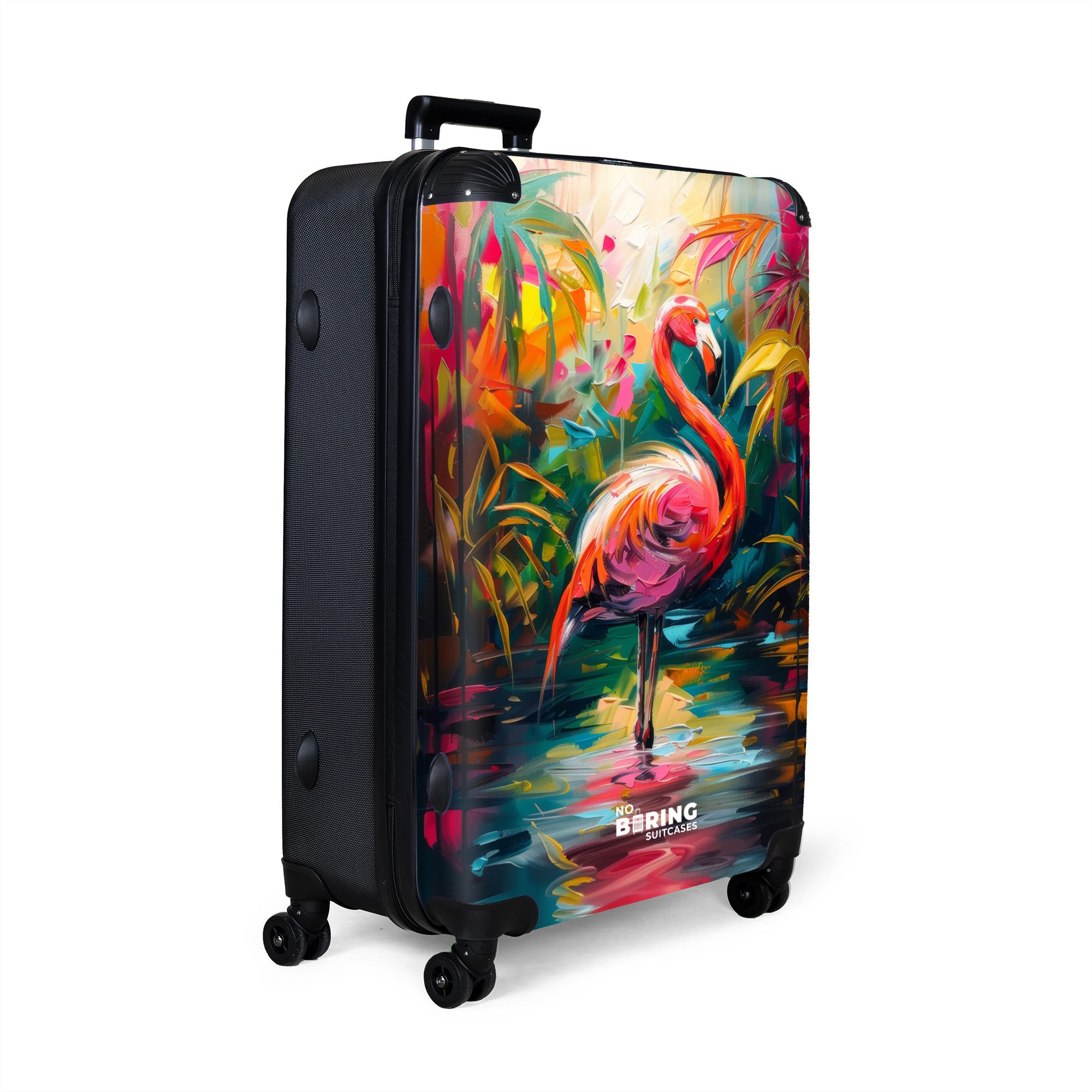 NoBoringSuitcases.com© Hartschalen-Trolley Flamingo in bunter Ölmalerei günstig online kaufen