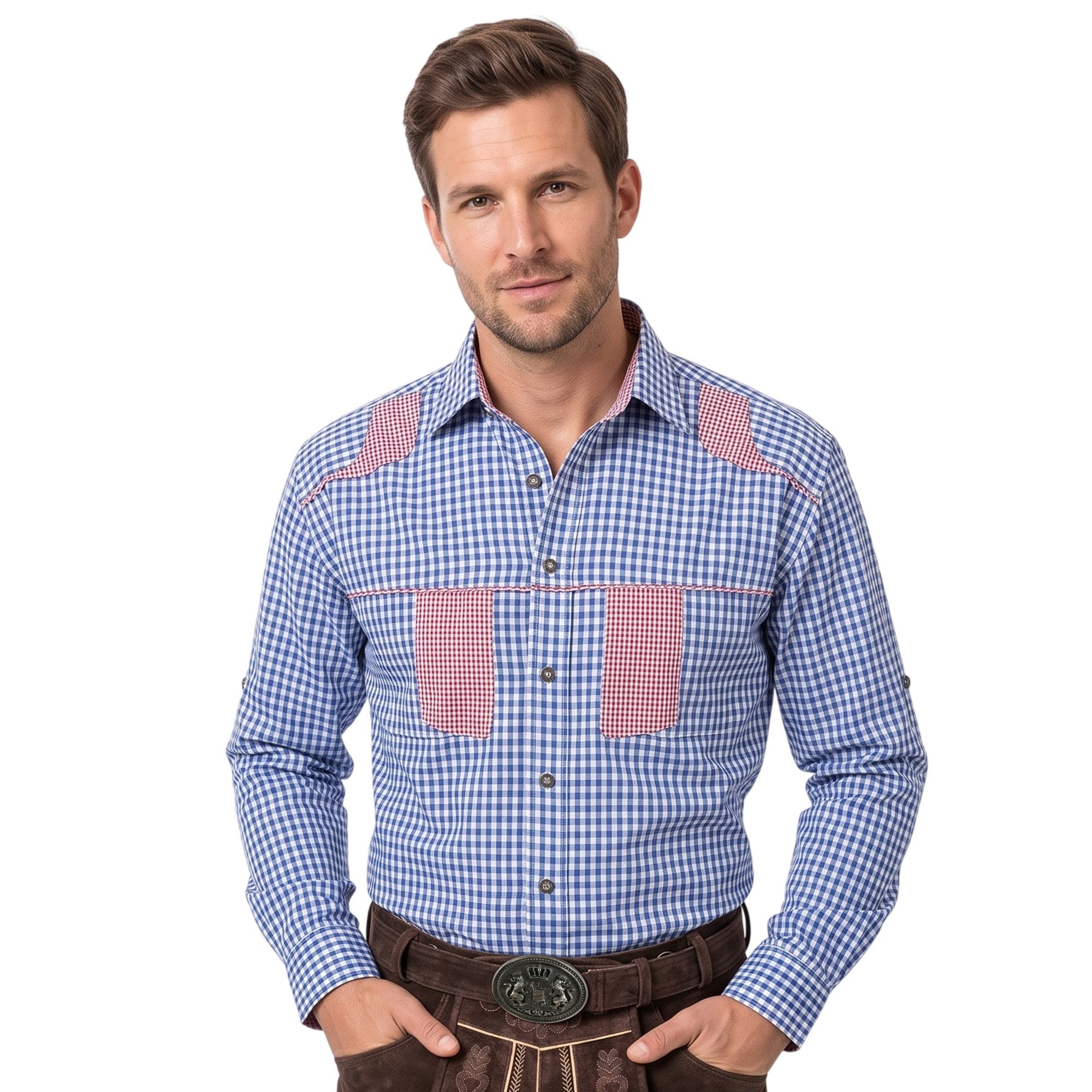German Wear Trachtenhemd GW1242 Blue Karo Trachtenhemd für Trachtenlederhosen Krempelärmel Baumwolle
