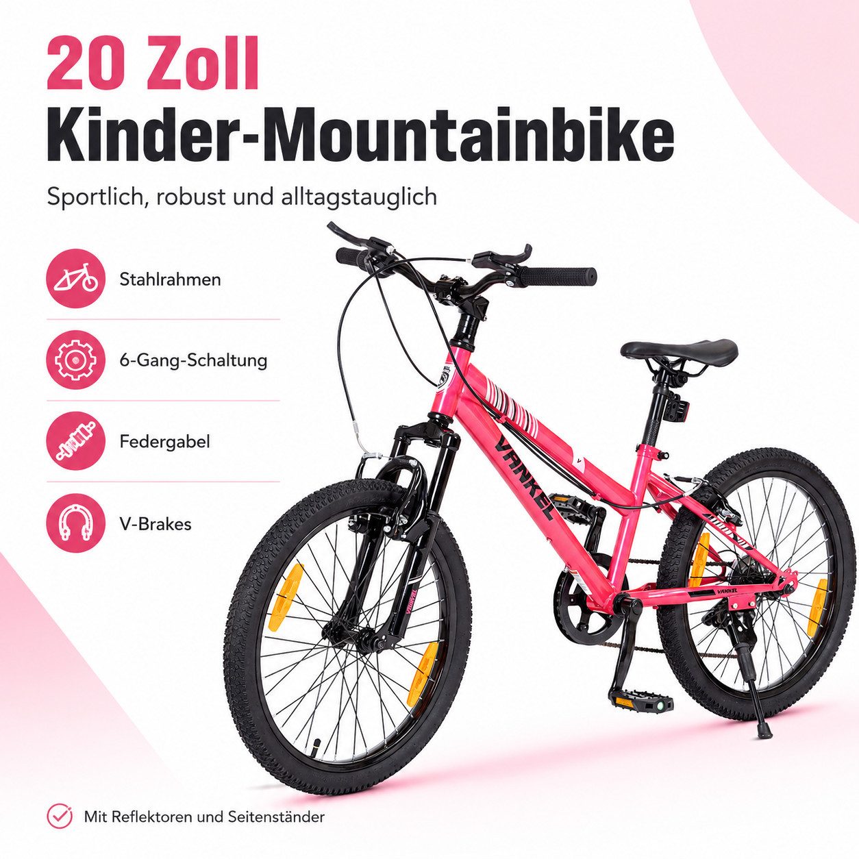 Vankel Kinderfahrrad 20 Zoll, Fahrrad für Kinder, Mountainbike, ab 6 Jahre, 6 Gang, Kettenschaltung, Mit Federgabel, V-Brakes, Reflektoren und Seitenständer