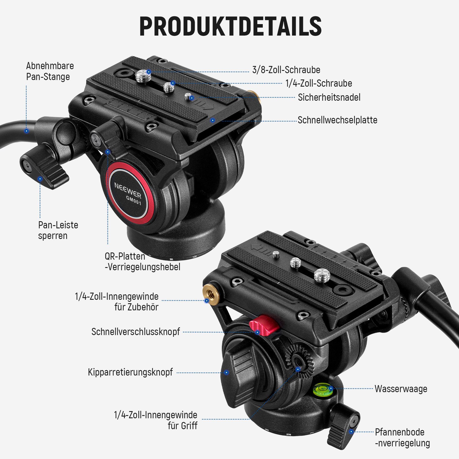 Neewer Fluid-Video-Neiger GM001 Fluidkopf für DSLR-Kameras 6kg Traglast, Praktisches Schnellverschluss-System