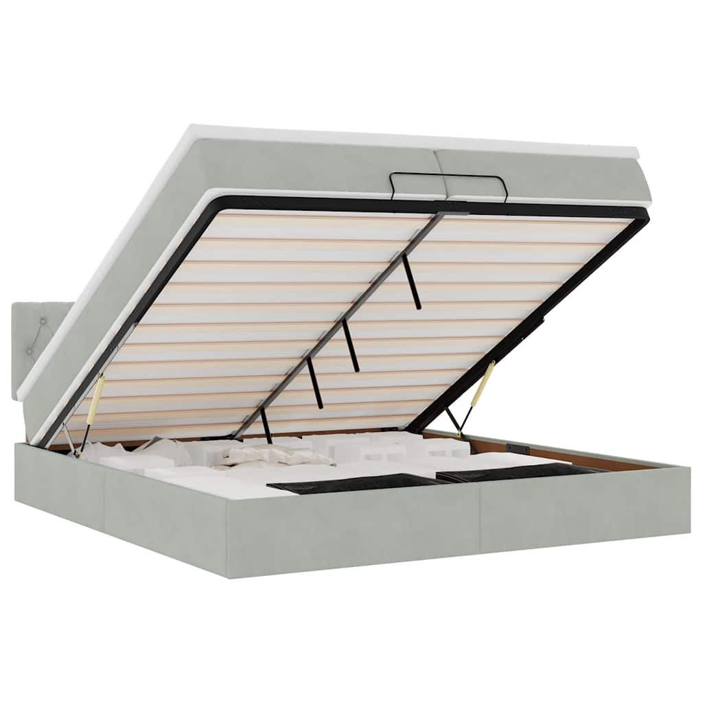 Bett Ottoman-Bett mit Matratzen & LEDs Hellgrau 200x200 cm Samt