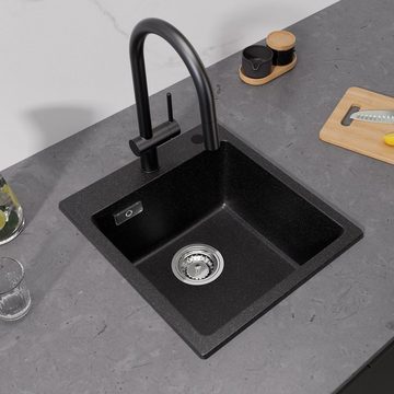 CECIPA Küchenspüle Quarzspüle Waschbecken aus schwarz/grau Granit+ Seifenspender, 40*45cm, 40/18.5 cm, stark und robust, Granitspüle