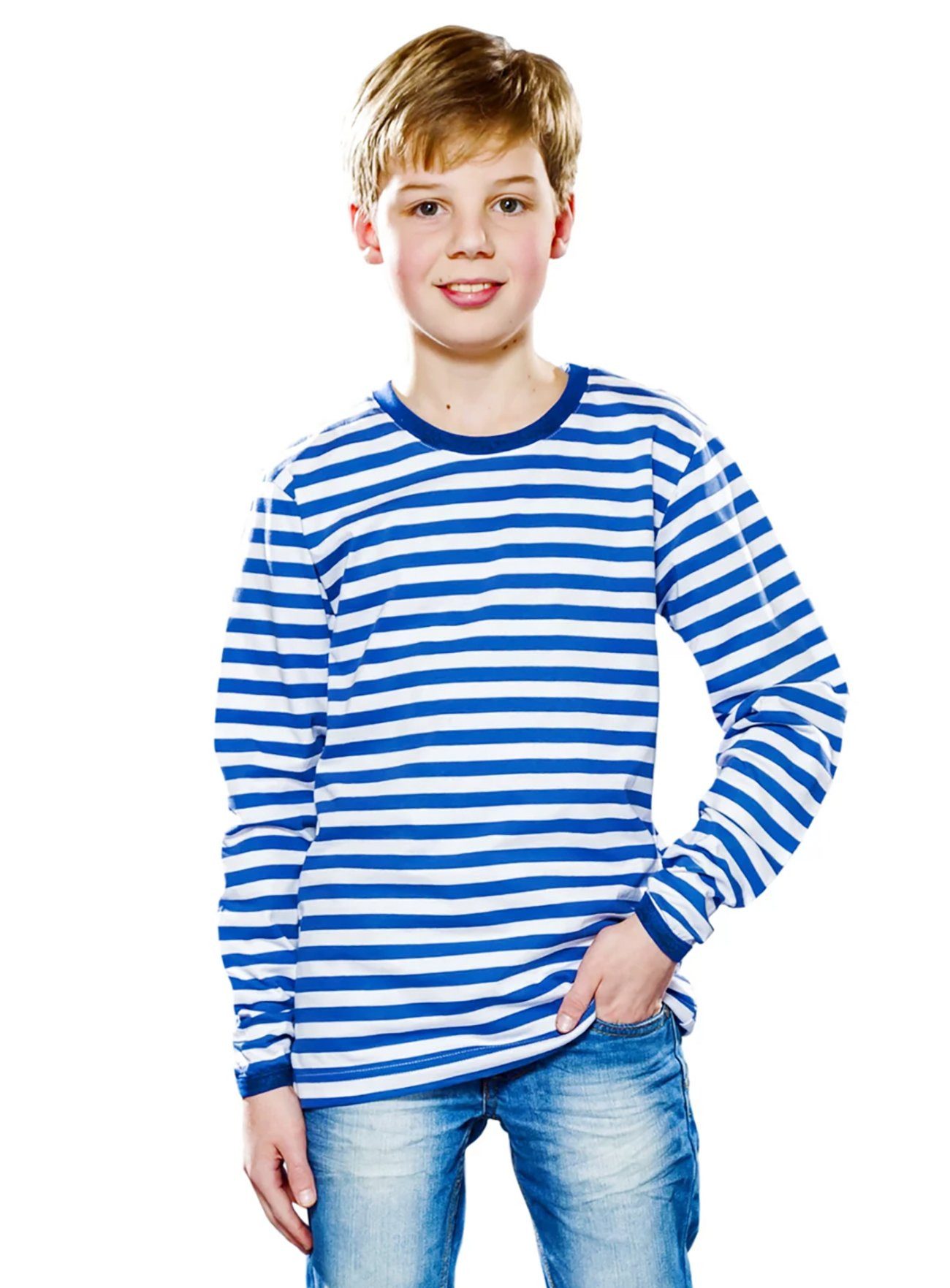 Metamorph Clown-Kostüm Ringelshirt blau-weiß - Faschingskostüm Kinder, Klassische Ringelware für Kinderkarneval und Fasching