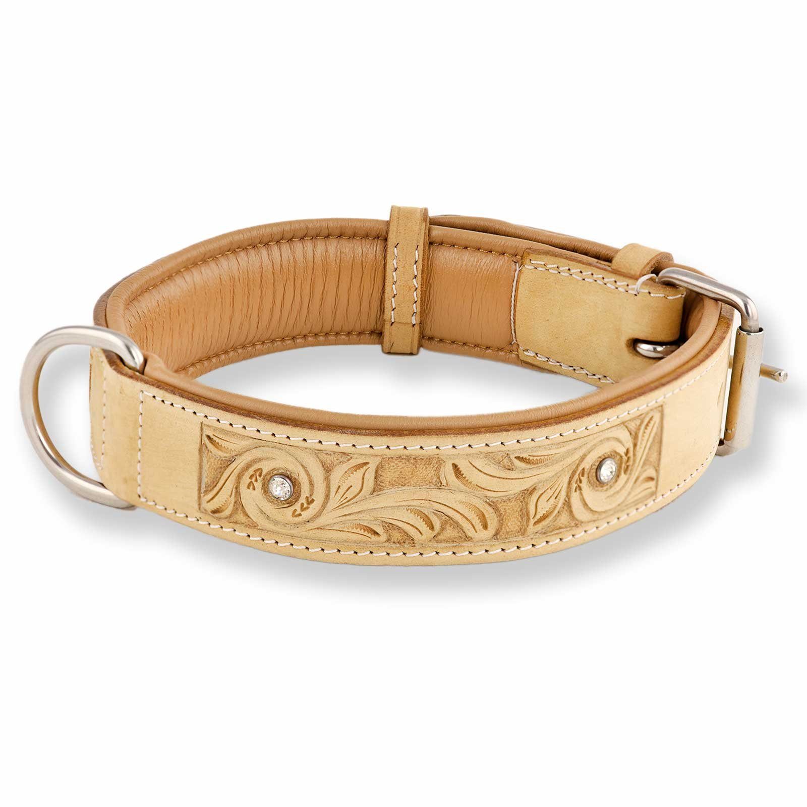 Monkimau Hunde-Halsband Hundehalsband aus Leder handgeschnitzt und 4 Kristallen, Leder