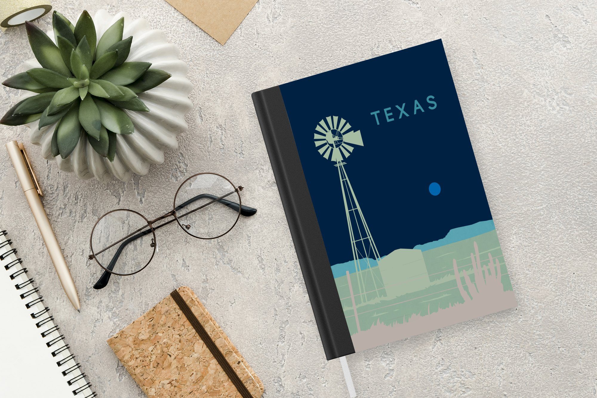 Journal, Seiten, - Tagebuch, Illustration, 98 Notizbuch Merkzettel, USA A5, Windmühle Notizheft, Texas Haushaltsbuch - - MuchoWow